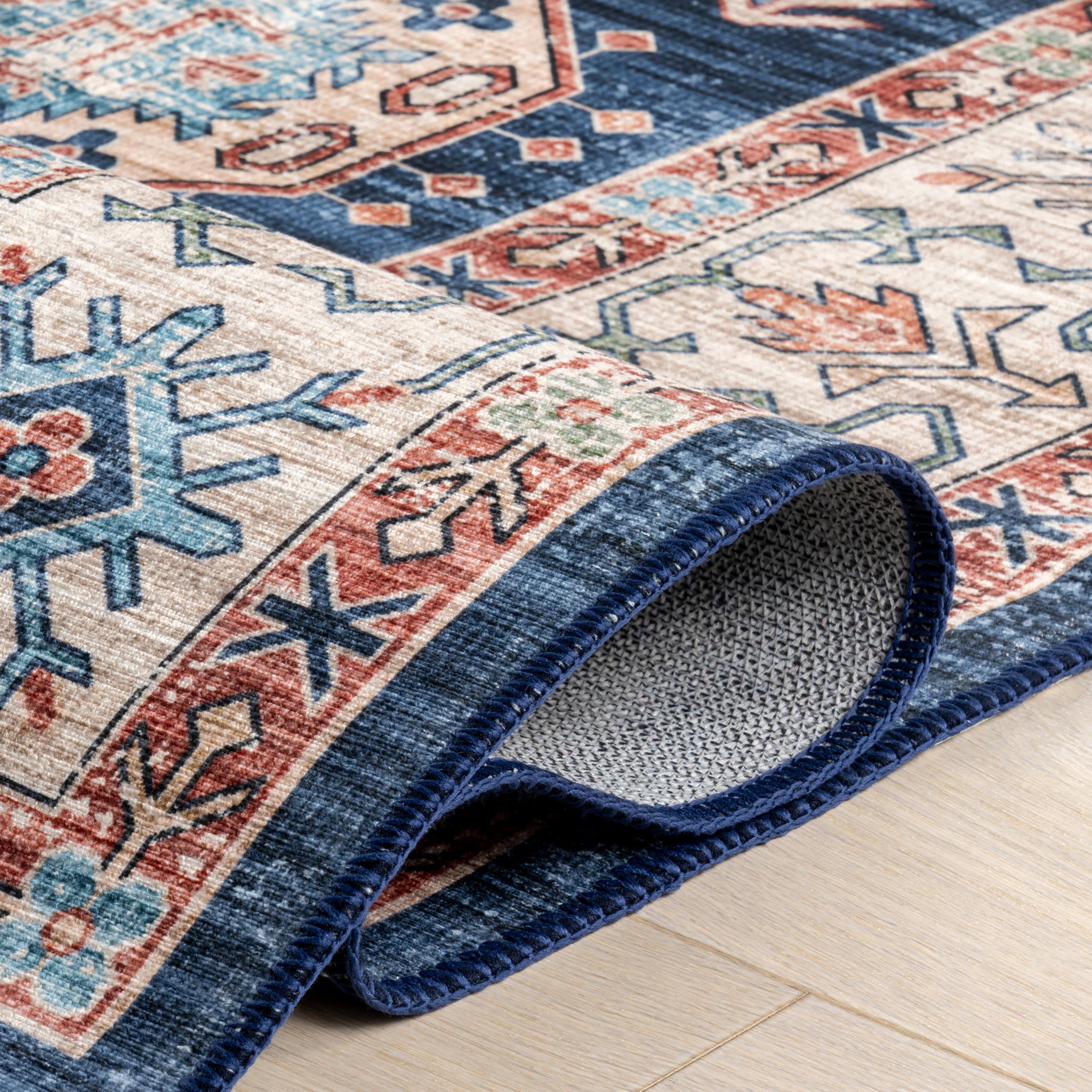 Francesca Timeworn Charm Spill Proof Washable Rug | Navy - Image 9