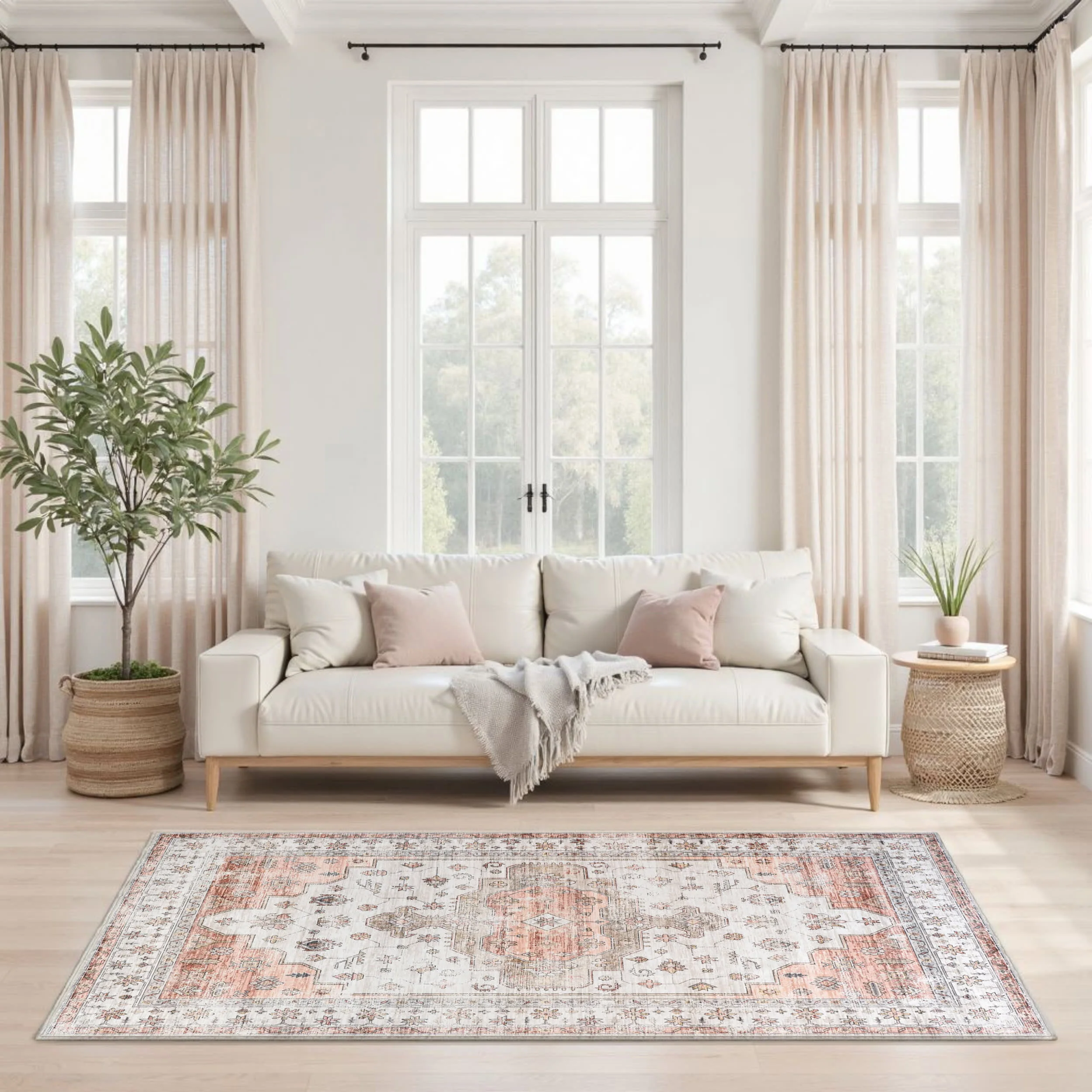 Francis Cartouche Medallion Spill Proof Washable Rug | Beige - Image 2