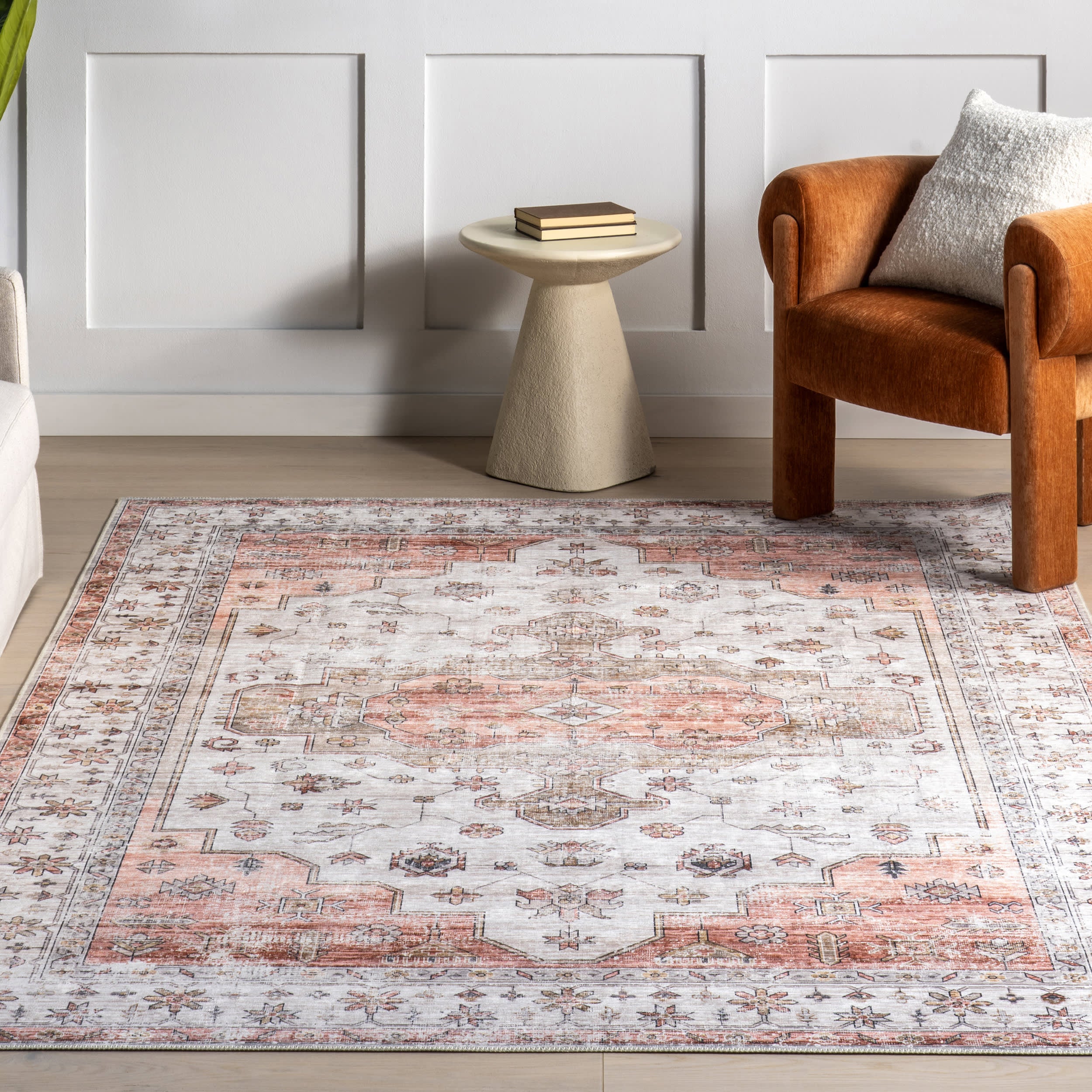 Francis Cartouche Medallion Spill Proof Washable Rug | Beige - Image 5