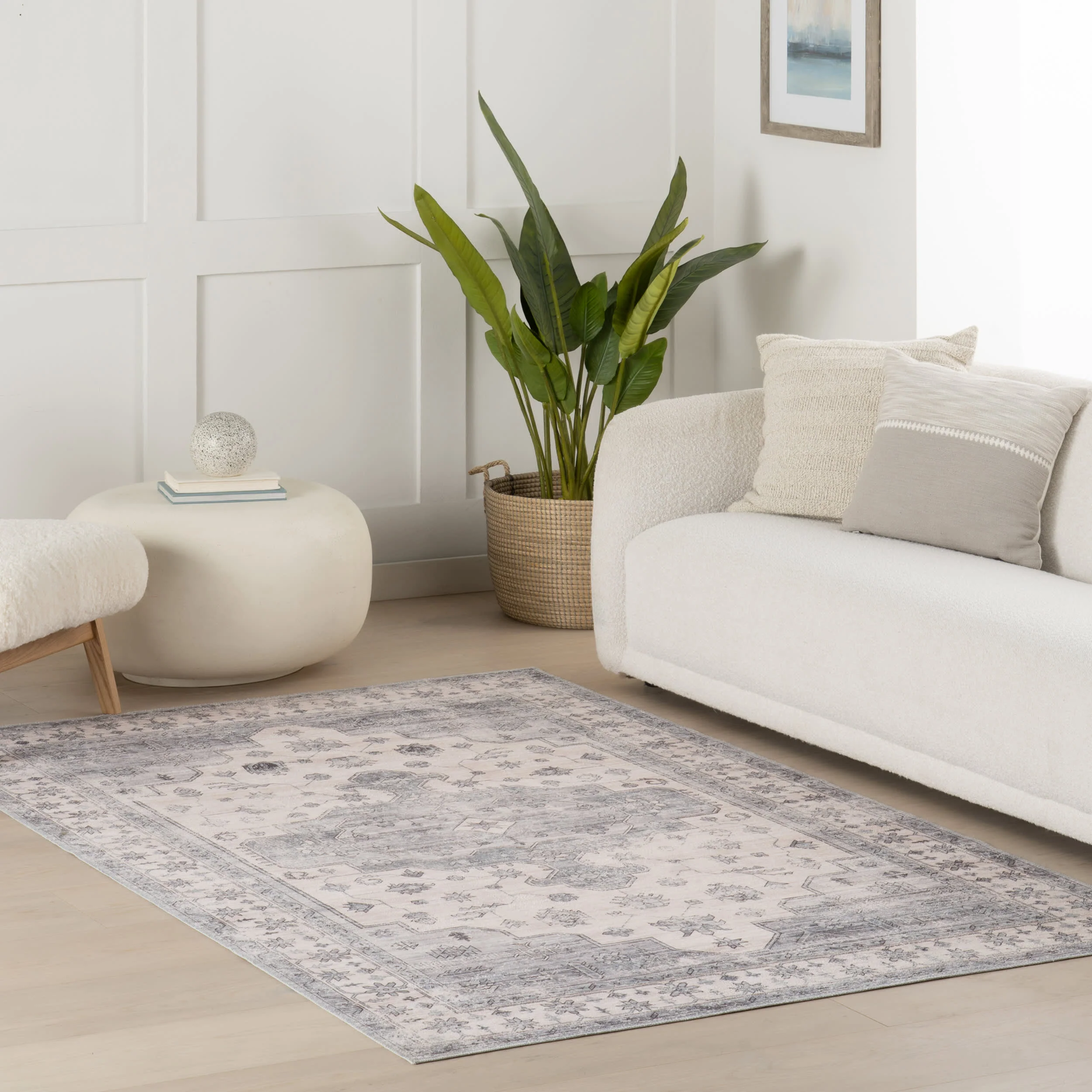 Francis Cartouche Medallion Spill Proof Washable Rug | Light Grey - Image 2