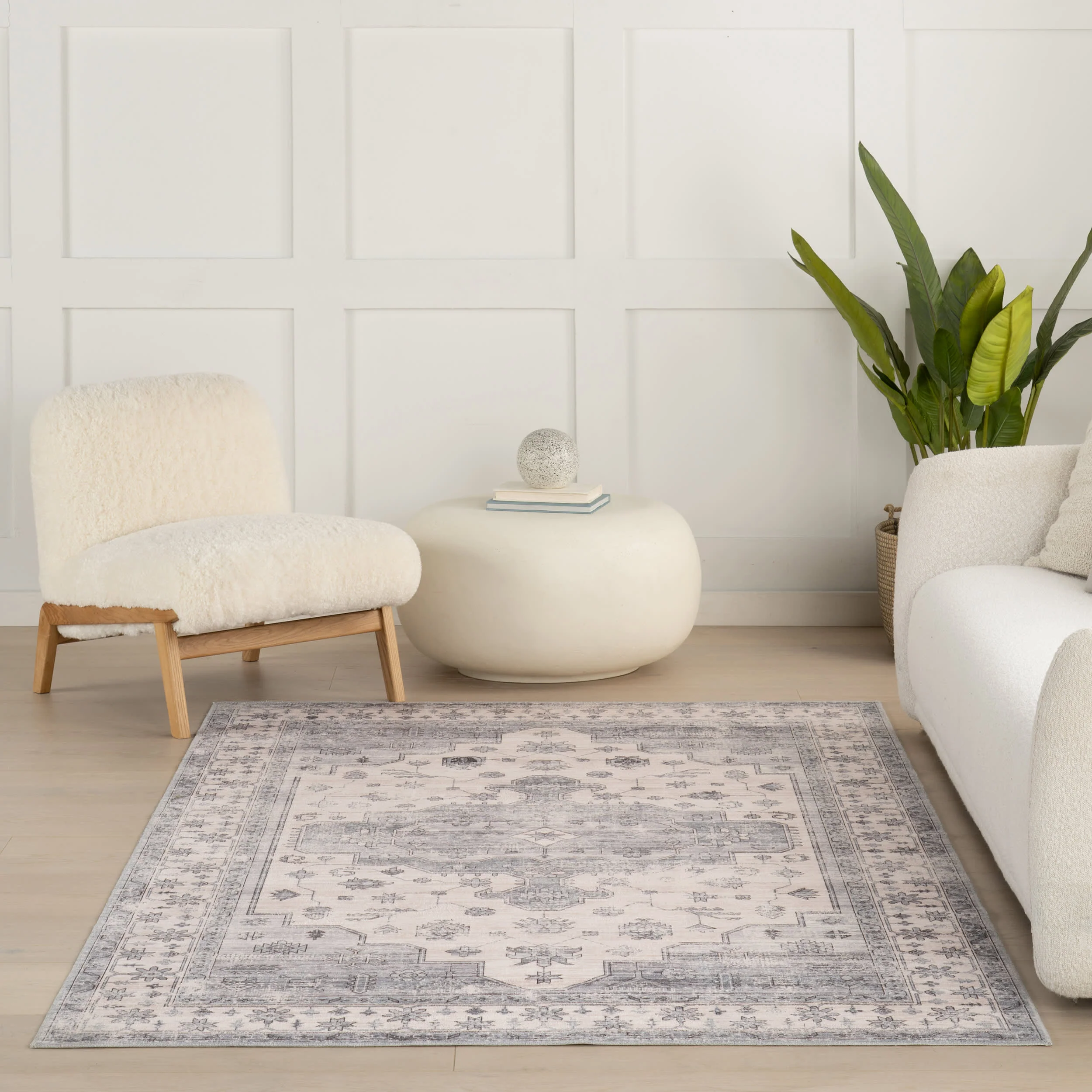Francis Cartouche Medallion Spill Proof Washable Rug | Light Grey - Image 5