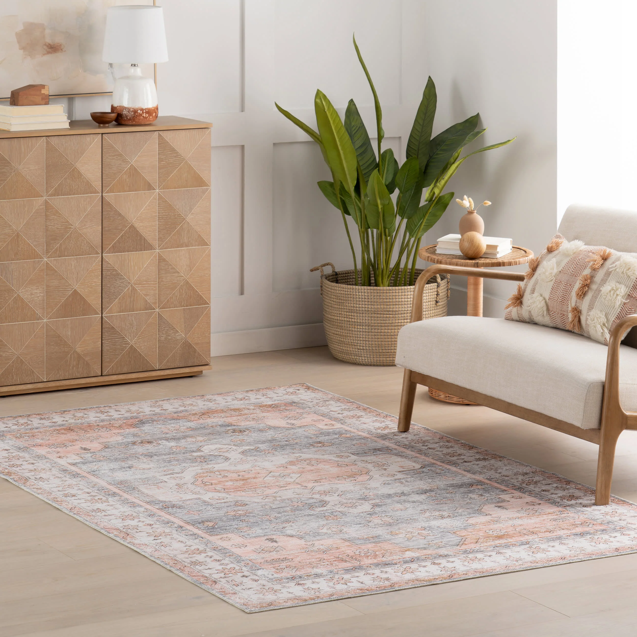Francis Cartouche Medallion Spill Proof Washable Rug | Light Orange - Image 2