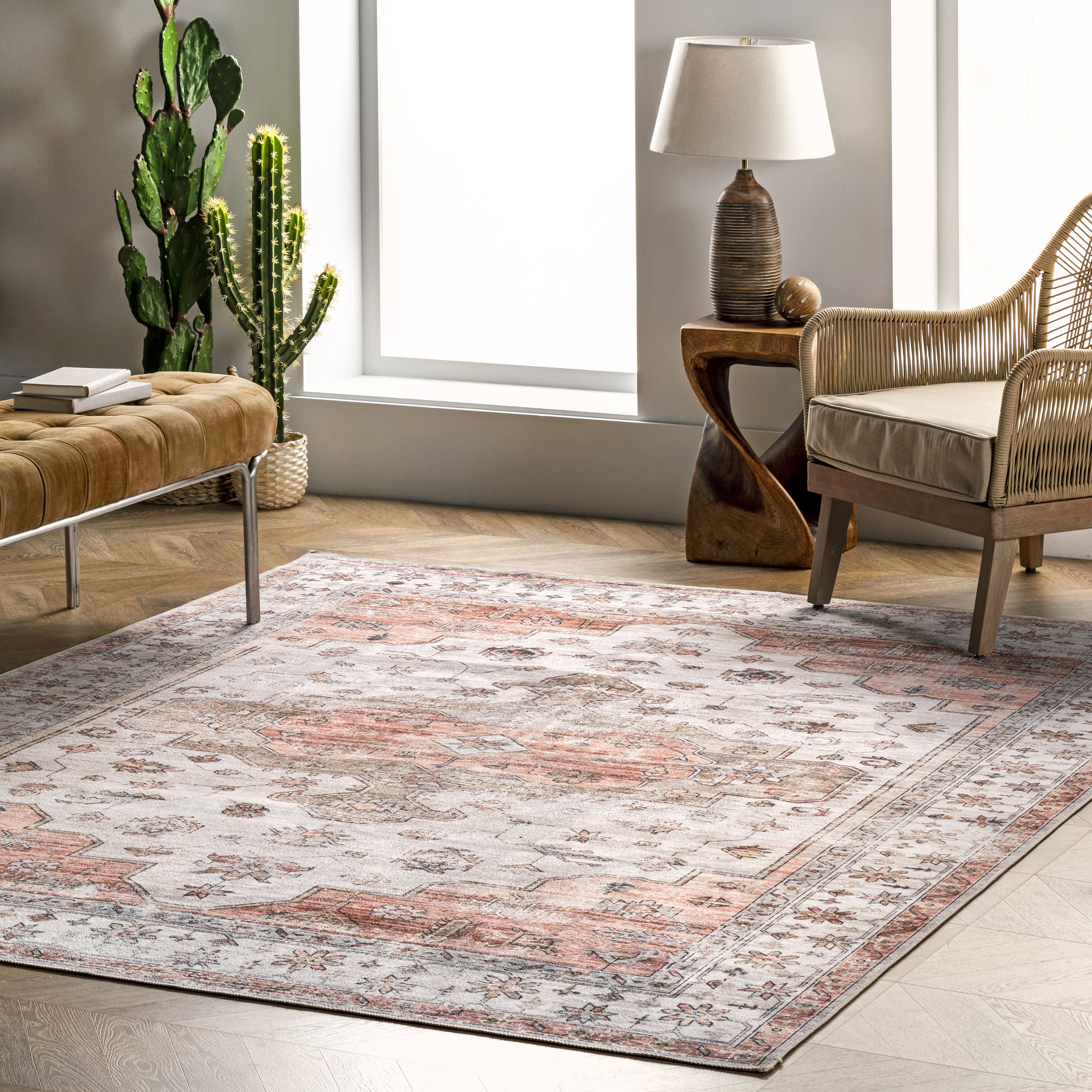 Francis Cartouche Medallion Washable Rug | Beige - Image 2