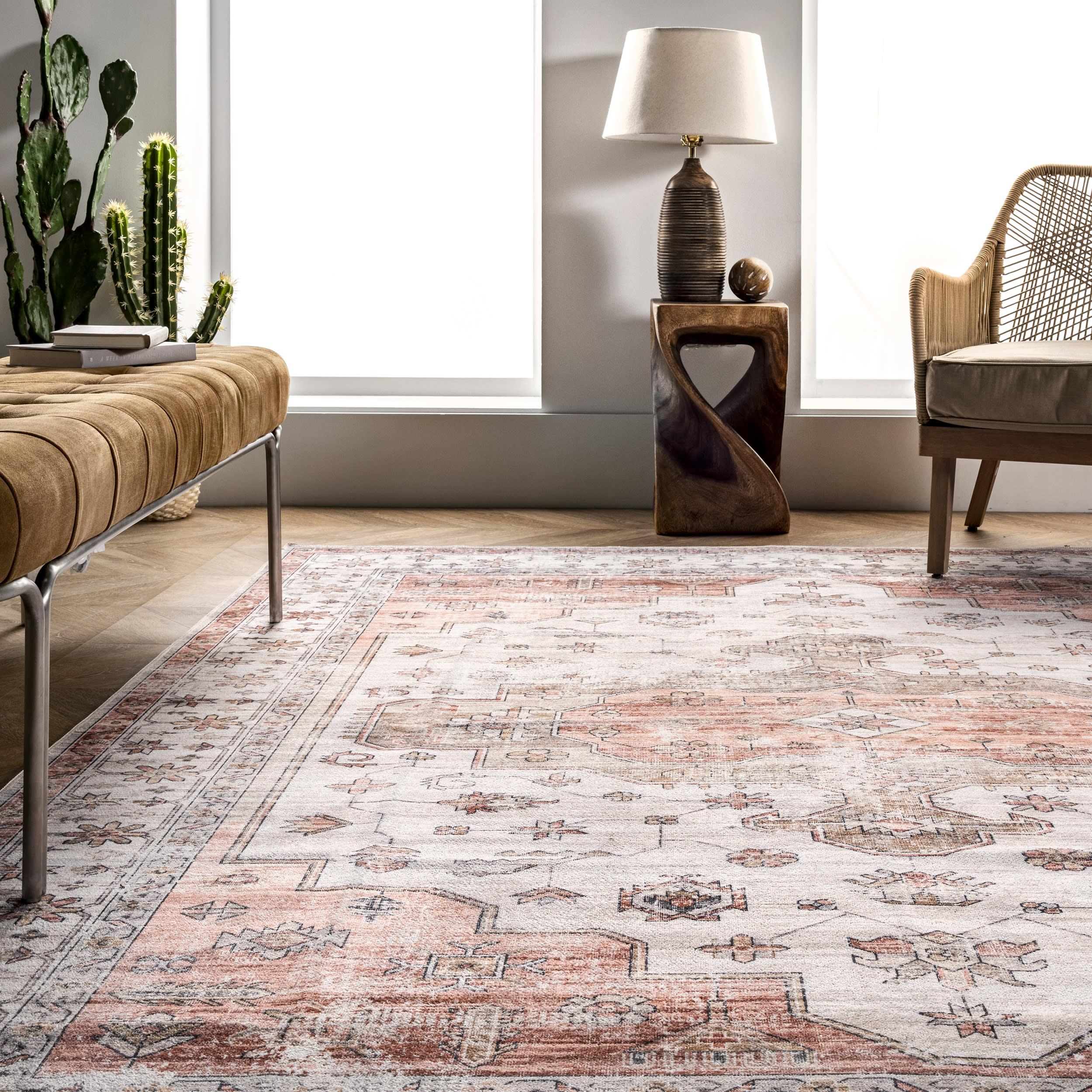 Francis Cartouche Medallion Washable Rug | Beige - Image 4