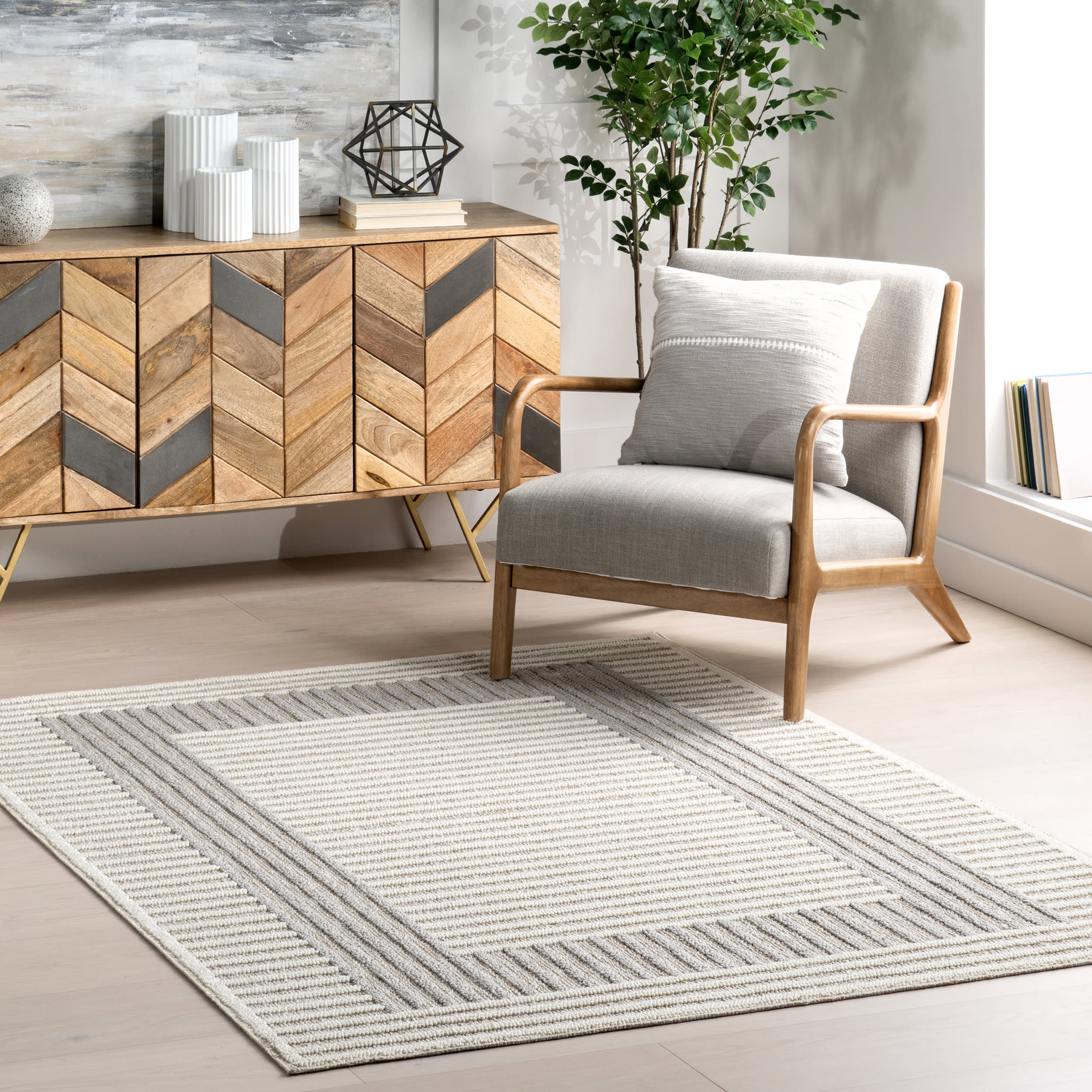 Freja Striped Washable Rug | Light Grey - Image 2