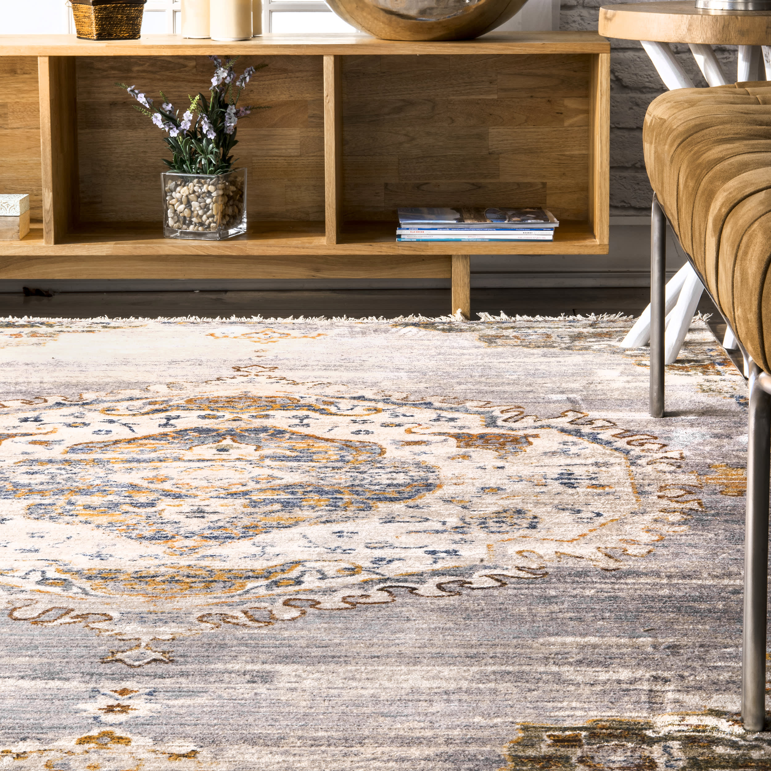Frilly Ornate Medallion Fringe Rug | Grey - Image 4