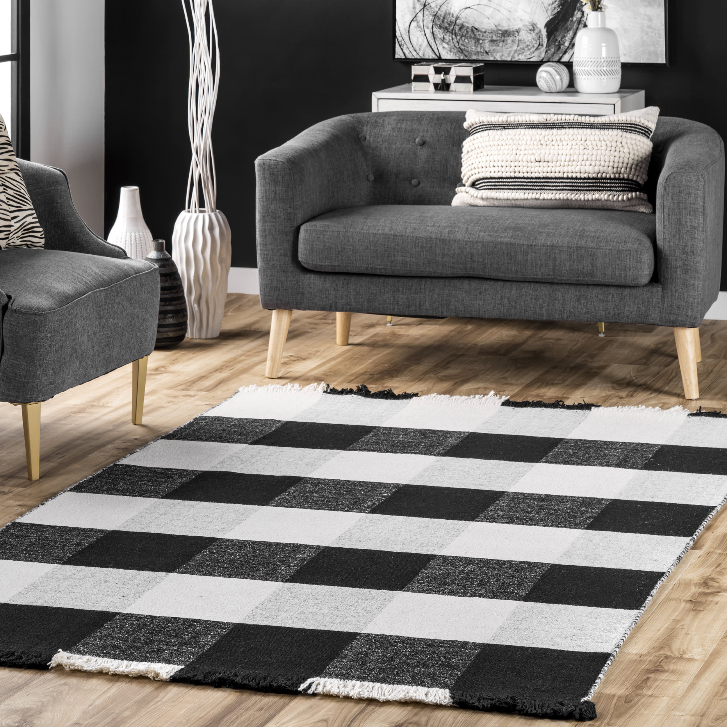 Fringed Plaid Rug | Black - Image 2