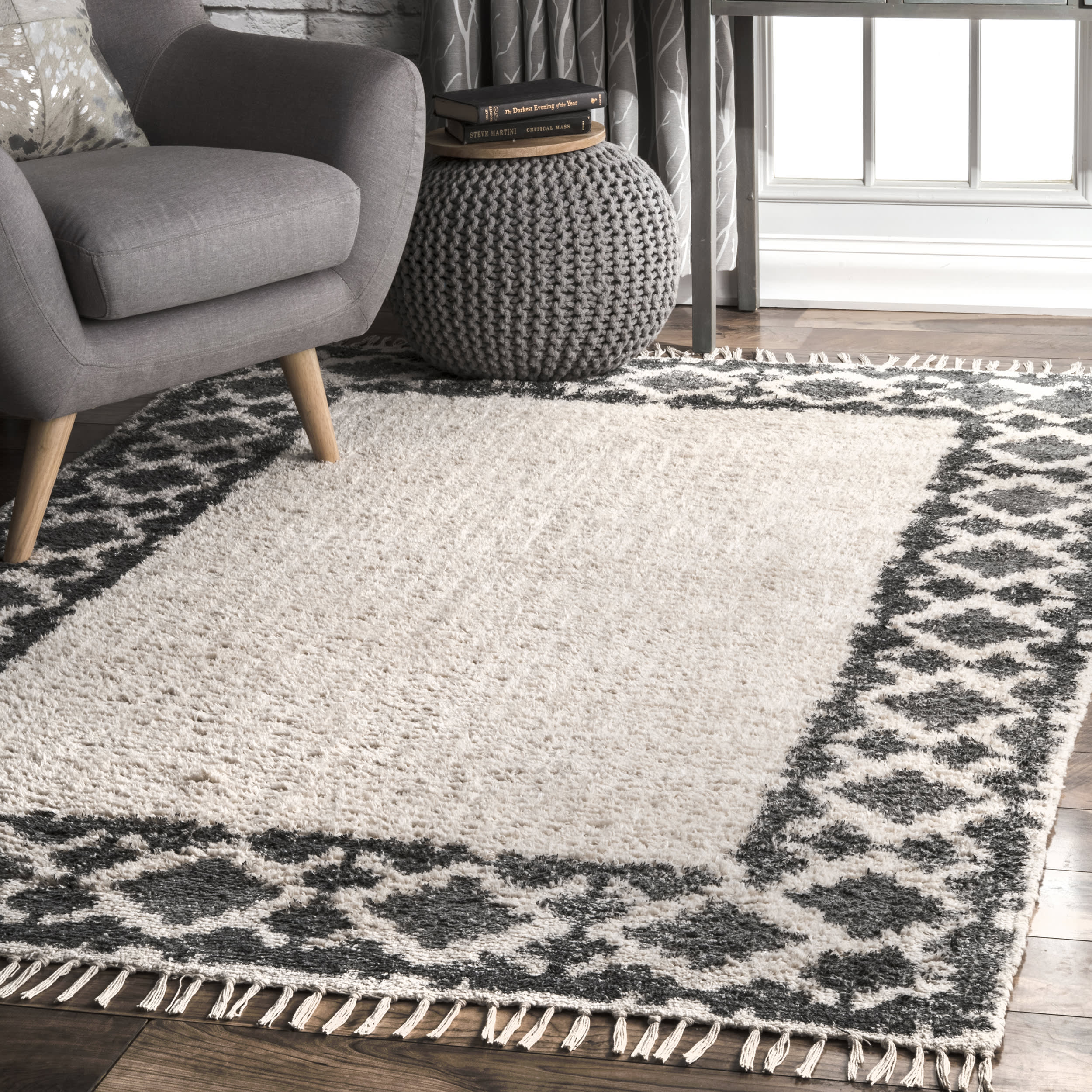 Fuzzy Diamond Border Tassel Flatweave Rug | Ivory - Image 2