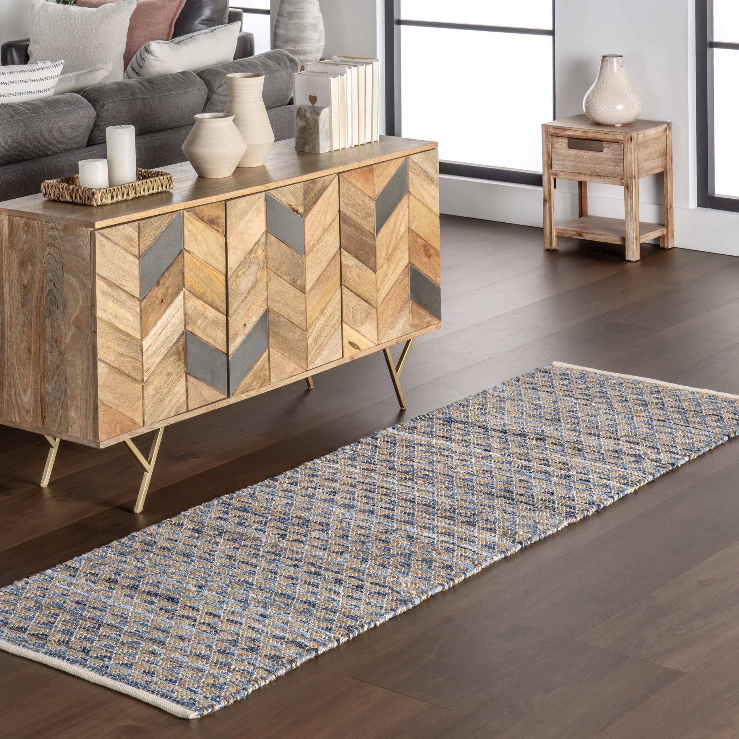 Geometric Rag Handwoven Jute Rug | Blue - Image 2