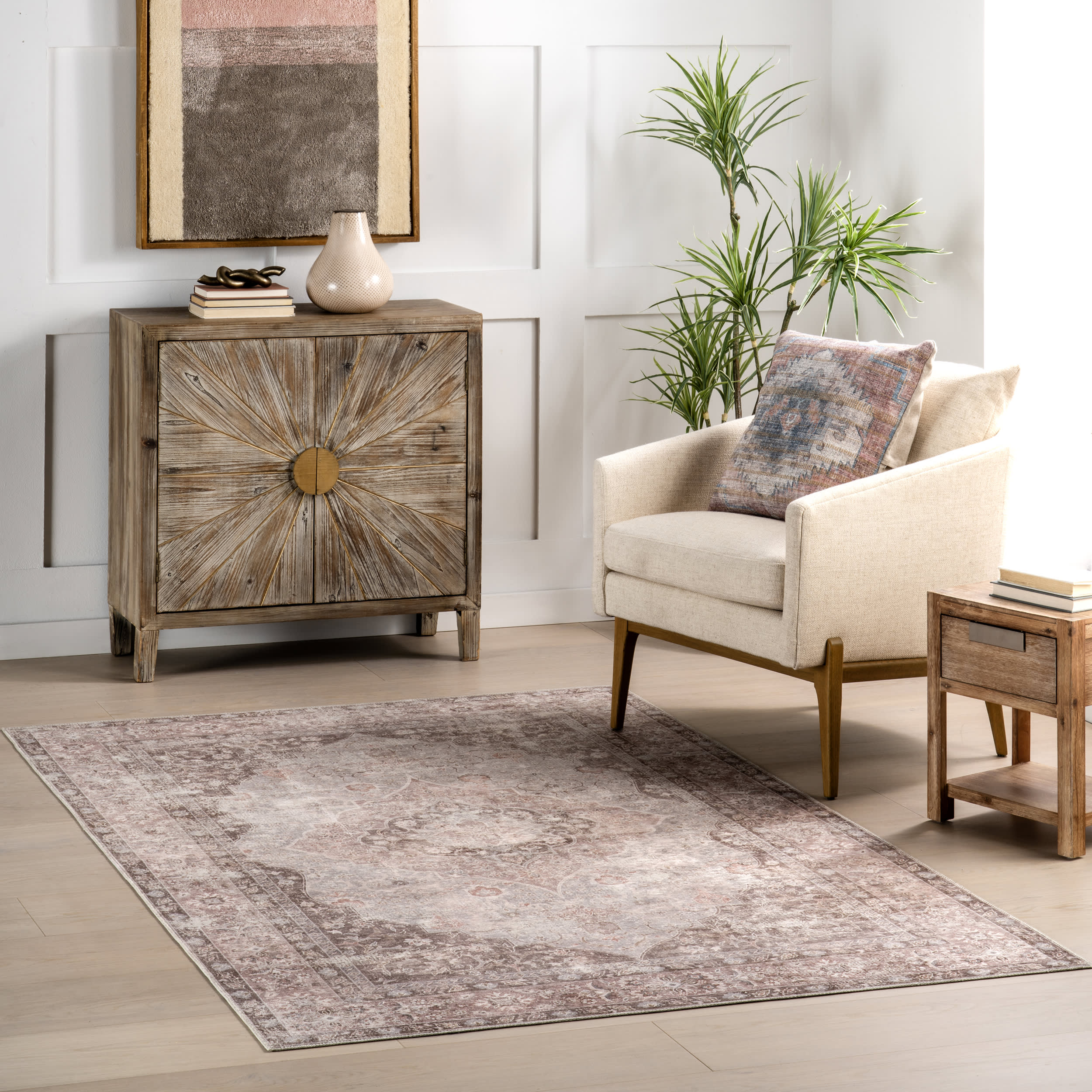 Gianna Blossom Spill Proof Washable Rug | Taupe - Image 2
