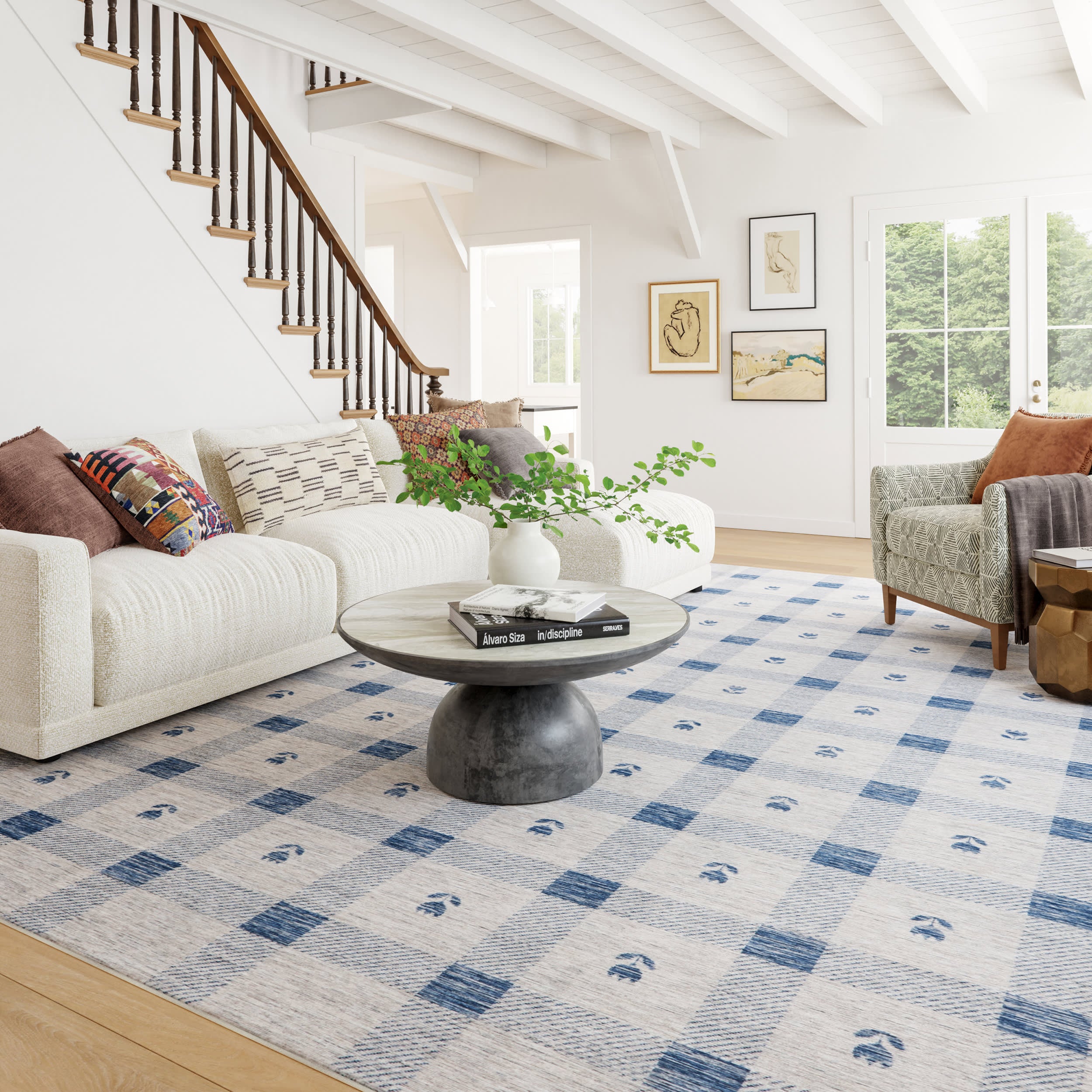 Gingham Machine Washable Rug | Blue - Image 2