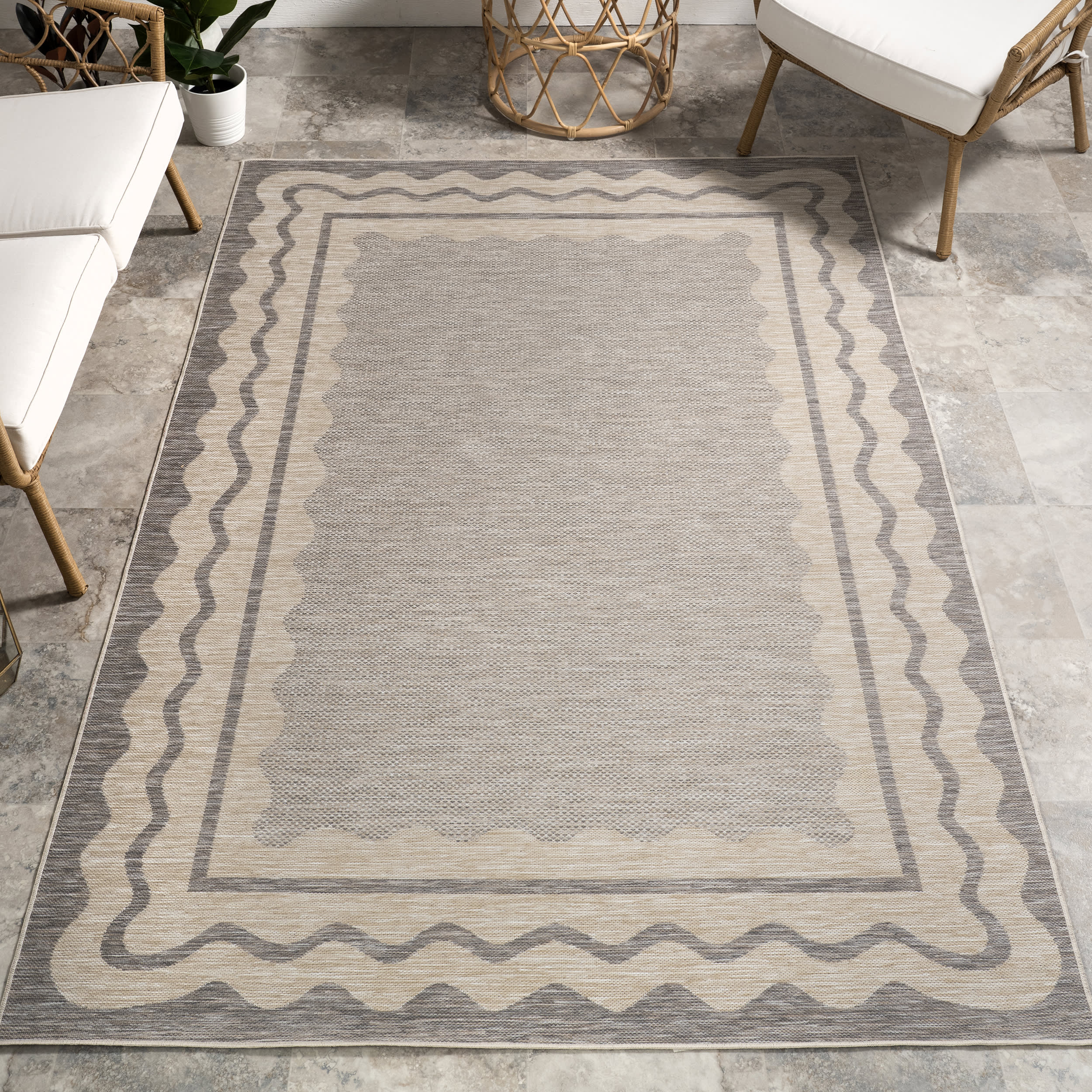 Haisley Wavey Bordered Indoor/Outdoor Rug | Light Grey - Image 2