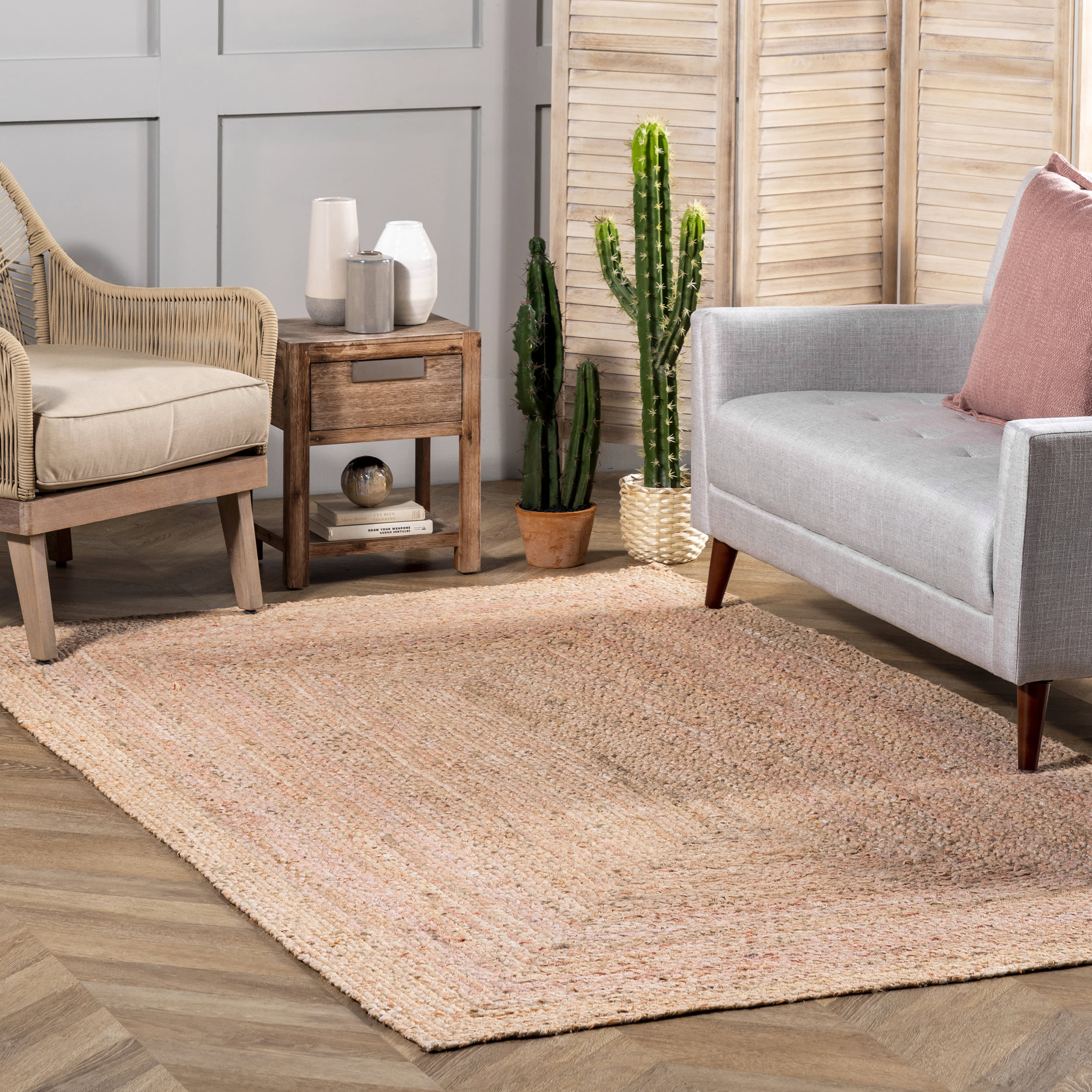 Hand Braided Denim And Jute Interwoven Solid Rug | Beige - Image 2