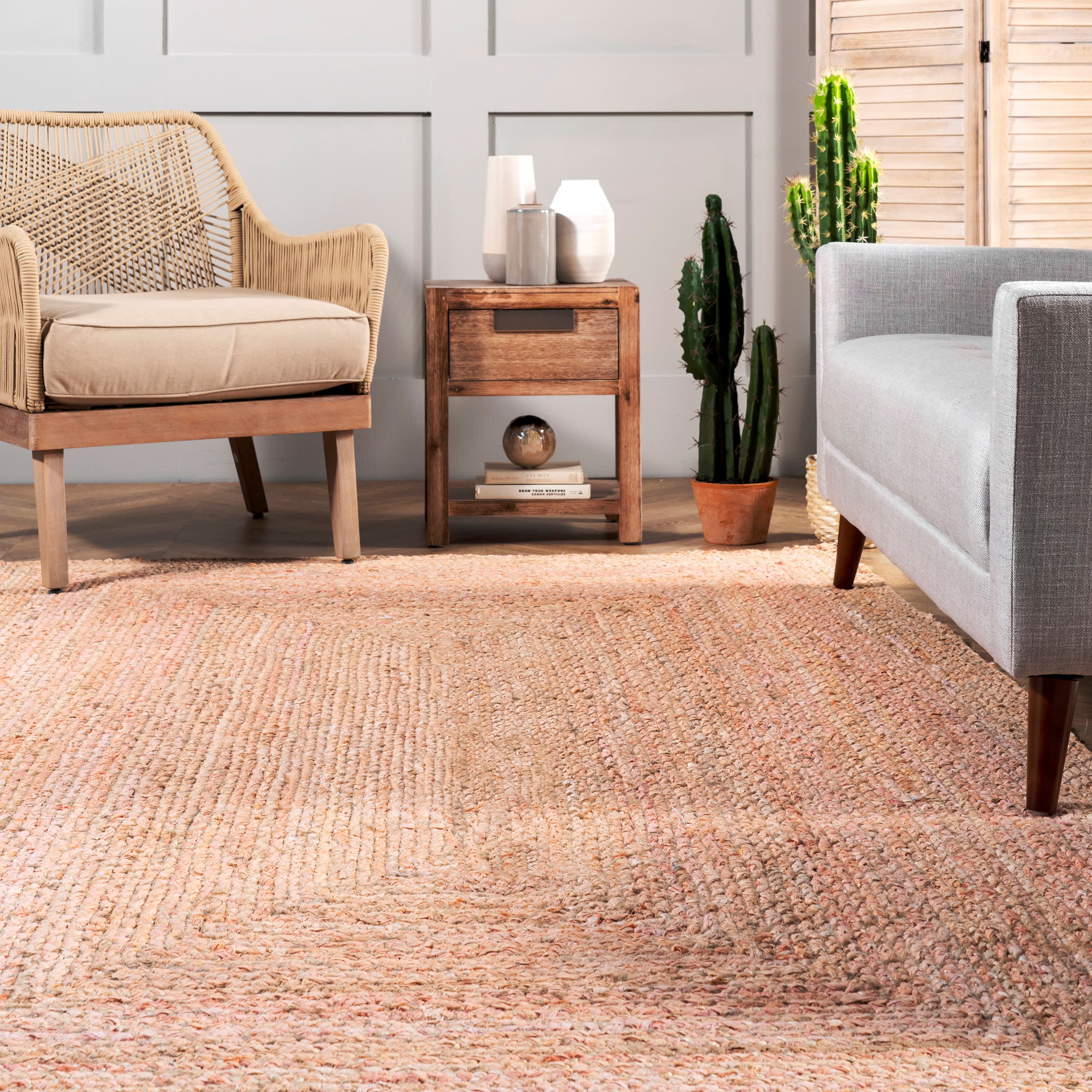 Hand Braided Denim And Jute Interwoven Solid Rug | Beige - Image 4