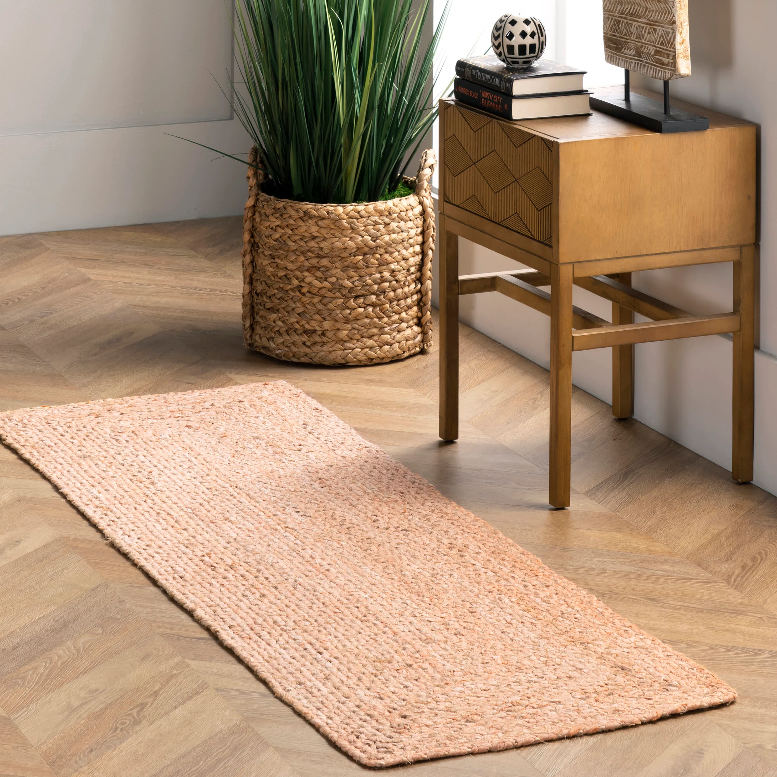 Hand Braided Denim And Jute Interwoven Solid Rug | Beige - Image 2