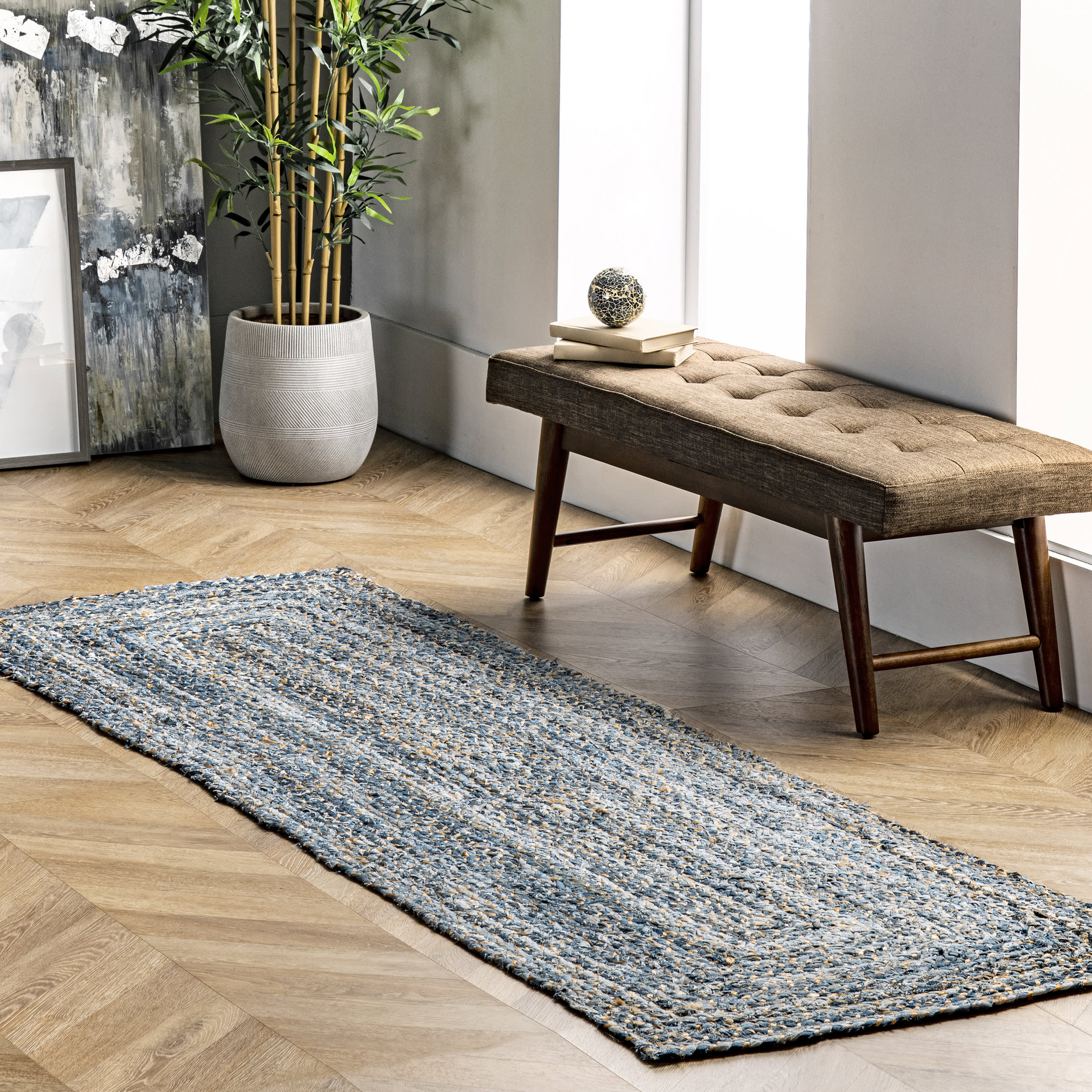 Hand Braided Denim And Jute Interwoven Solid Rug | Denim - Image 2