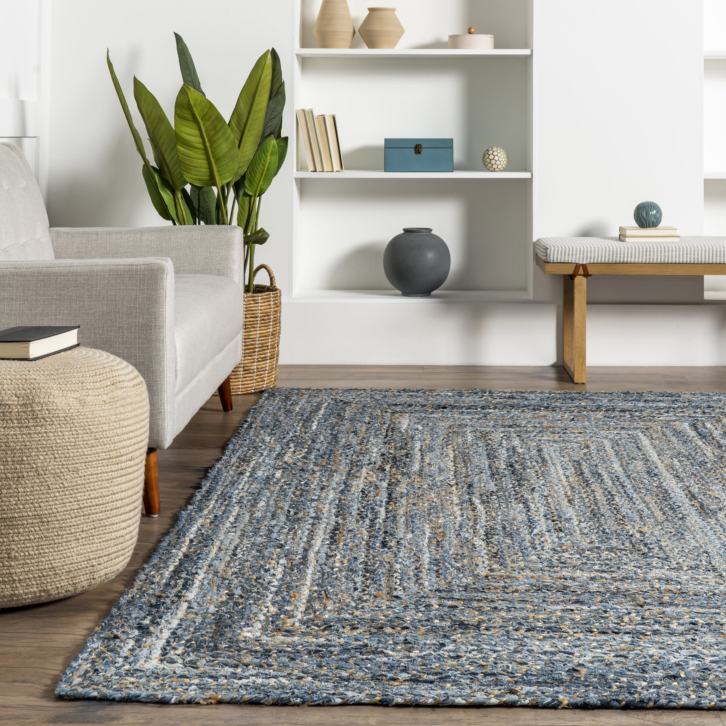 Hand Braided Denim And Jute Interwoven Solid Rug | Denim - Image 4