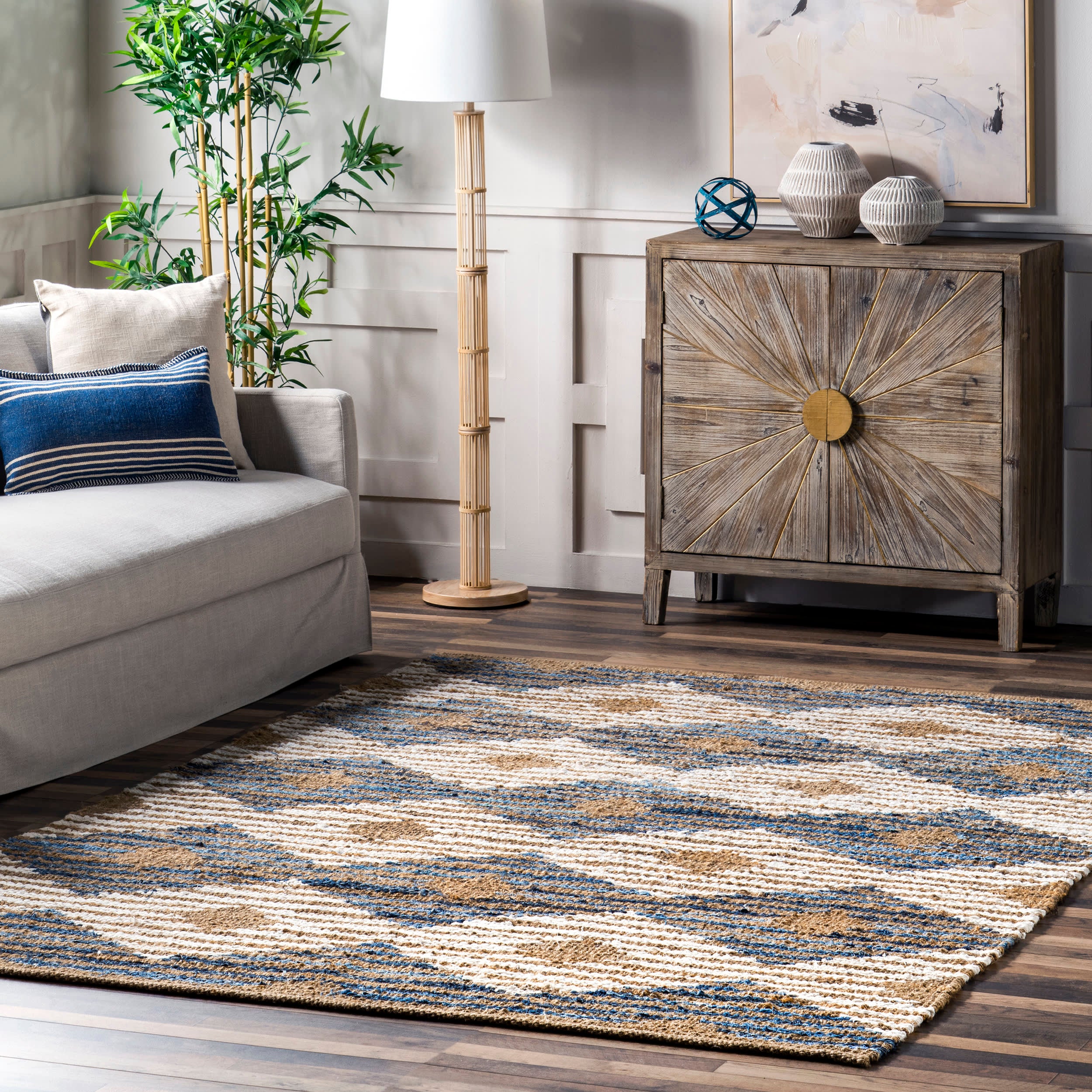 Hand Braided Denim And Jute Striped Diamonds Rug | Off White - Image 2