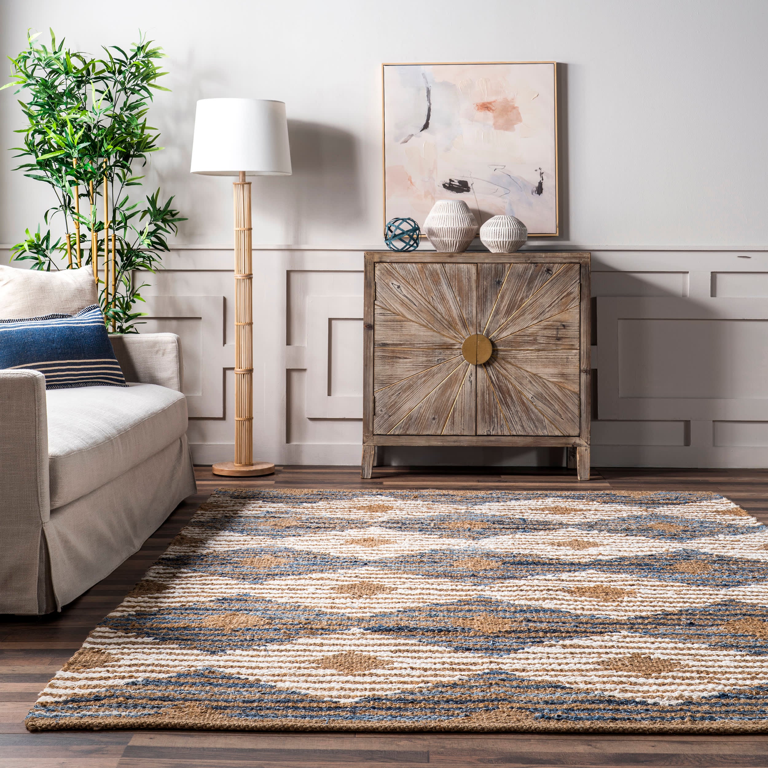 Hand Braided Denim And Jute Striped Diamonds Rug | Off White - Image 4