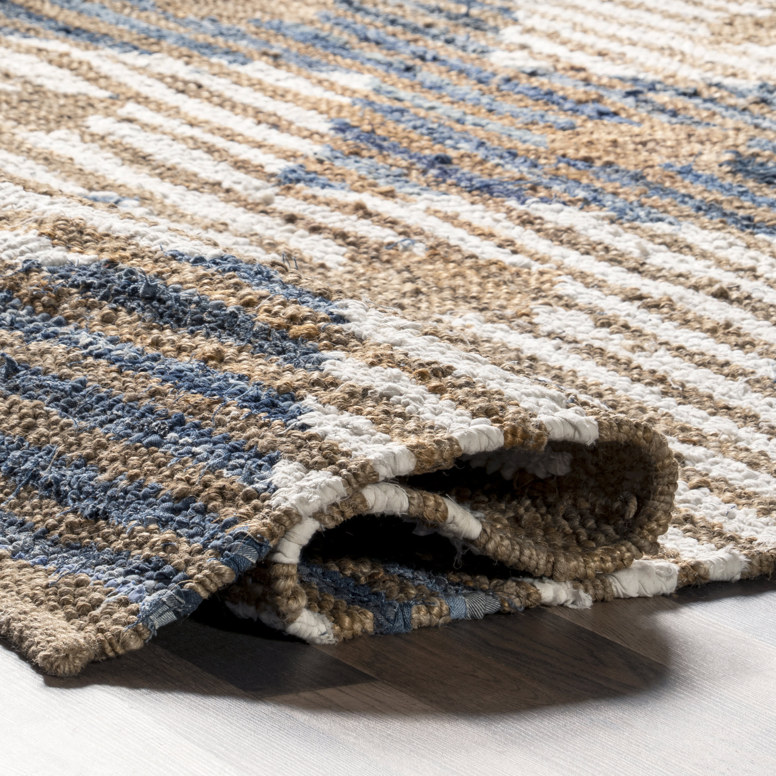 Hand Braided Denim And Jute Striped Diamonds Rug | Off White - Image 8