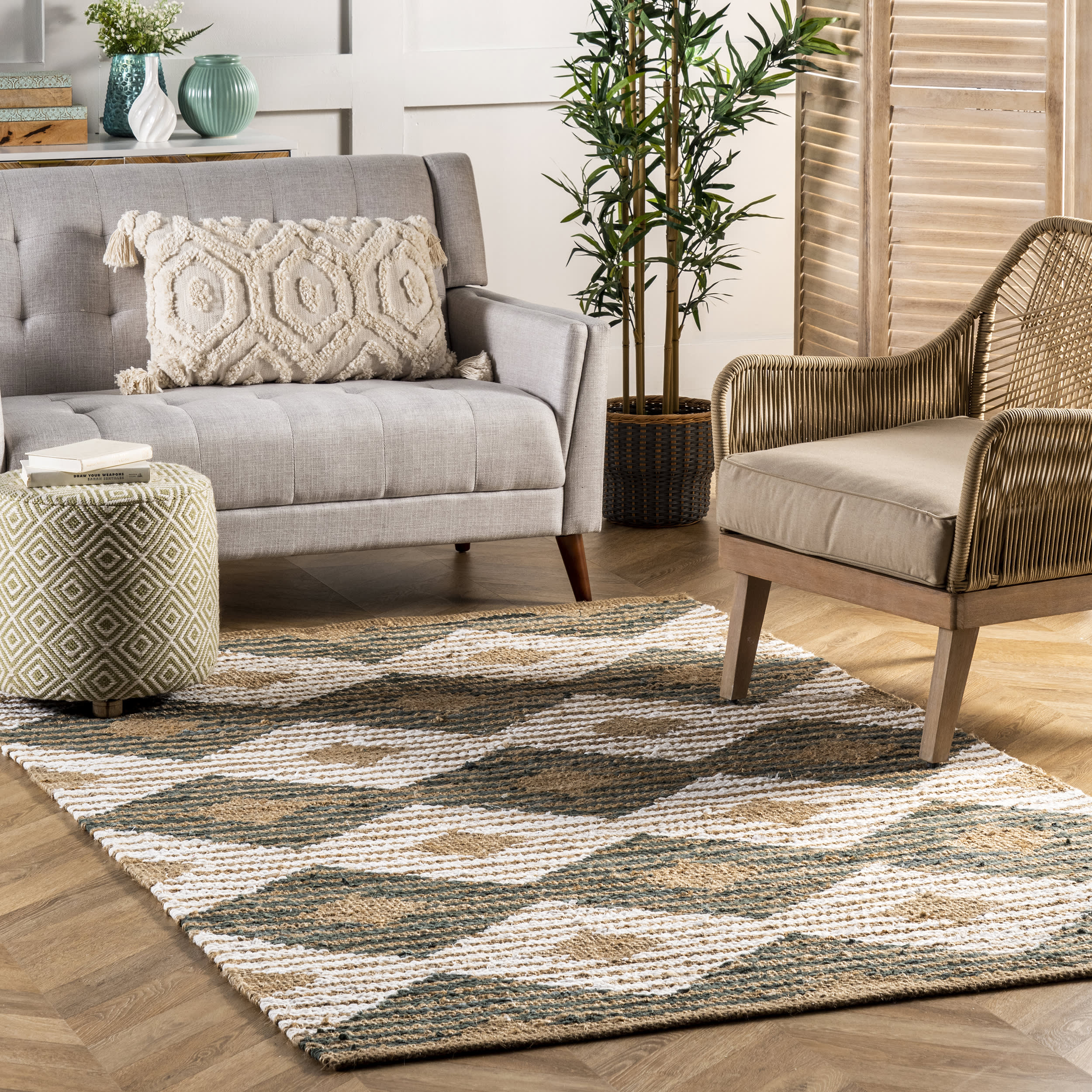 Hand Braided Denim And Jute Striped Diamonds Rug | Olive - Image 2