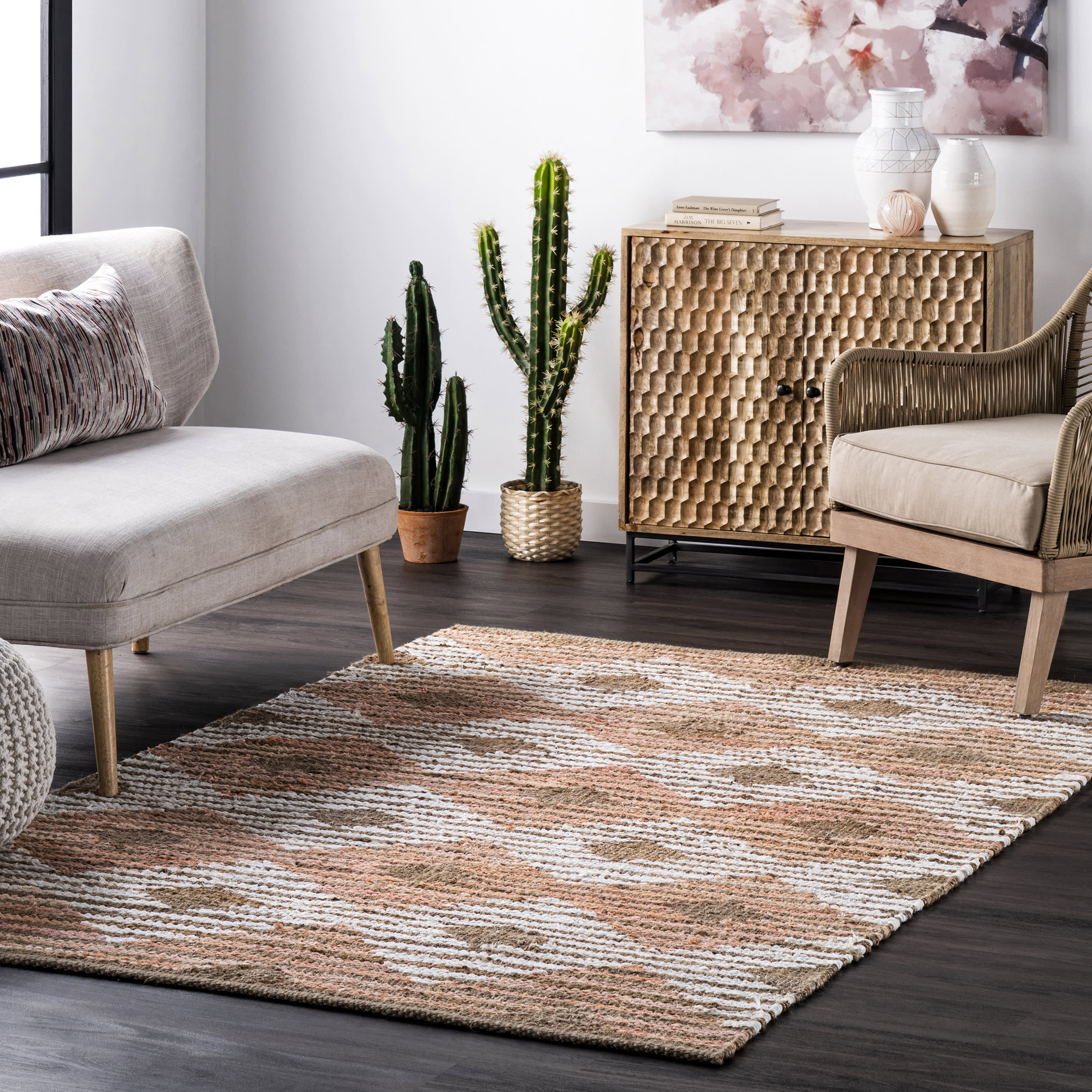 Hand Braided Denim And Jute Striped Diamonds Rug | Pink - Image 2