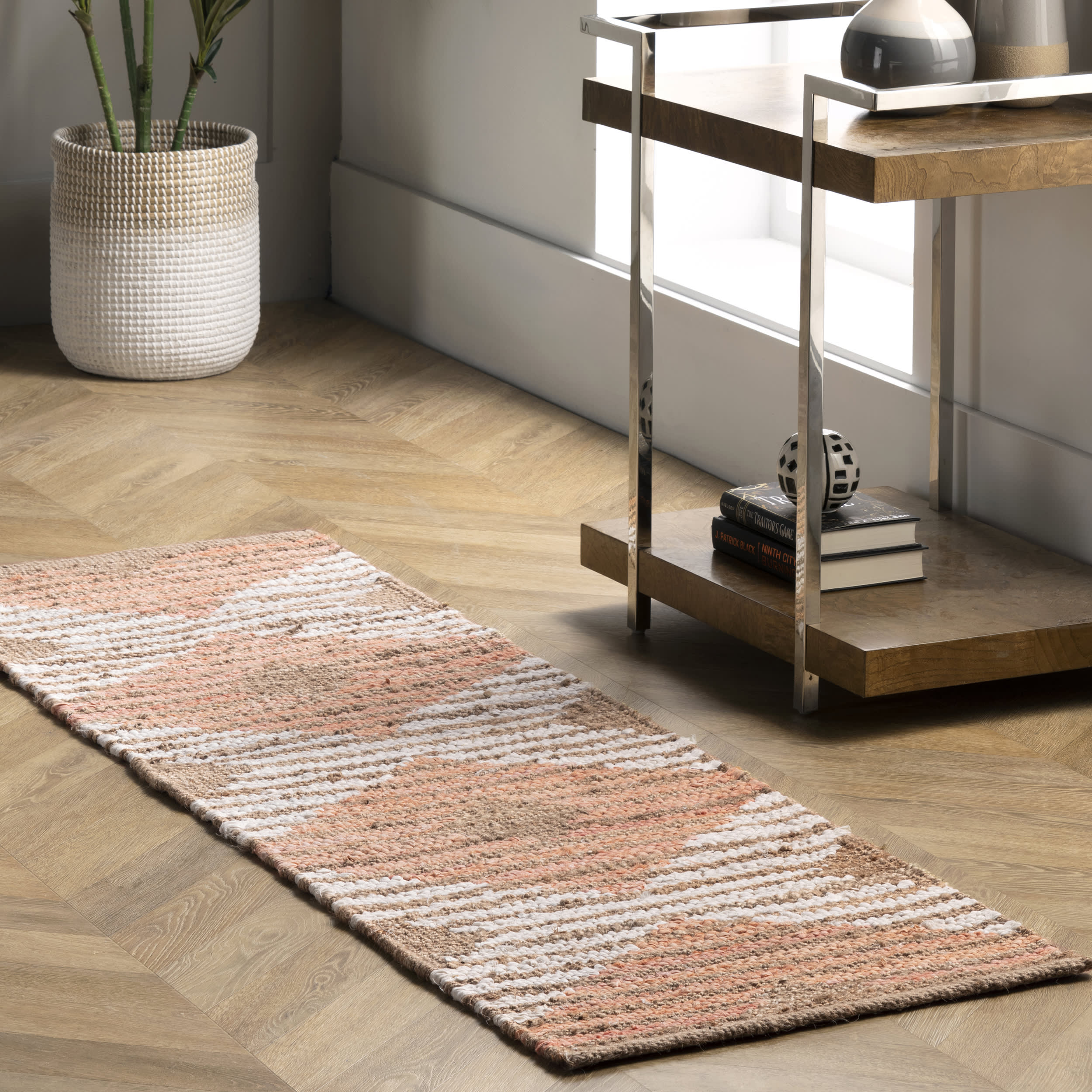 Hand Braided Denim And Jute Striped Diamonds Rug | Pink - Image 2
