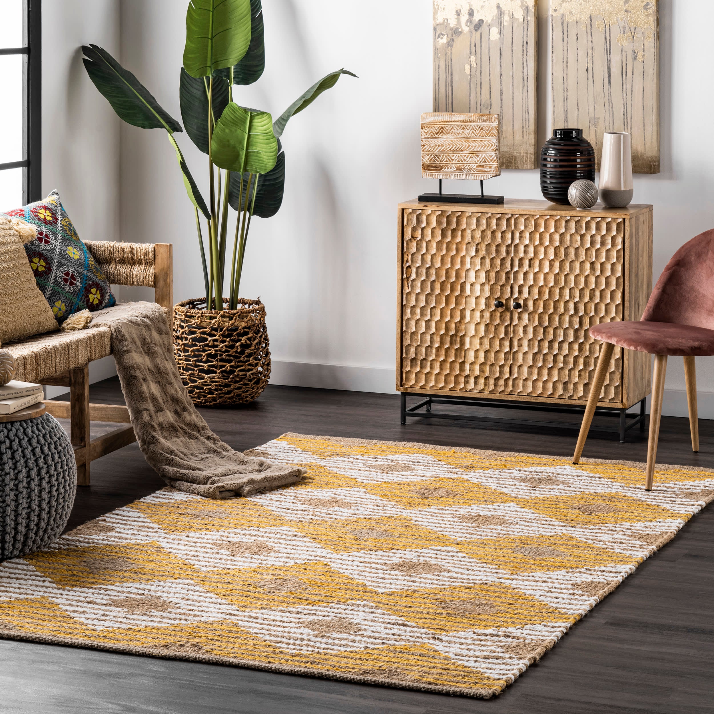 Hand Braided Denim And Jute Striped Diamonds Rug | Yellow - Image 2