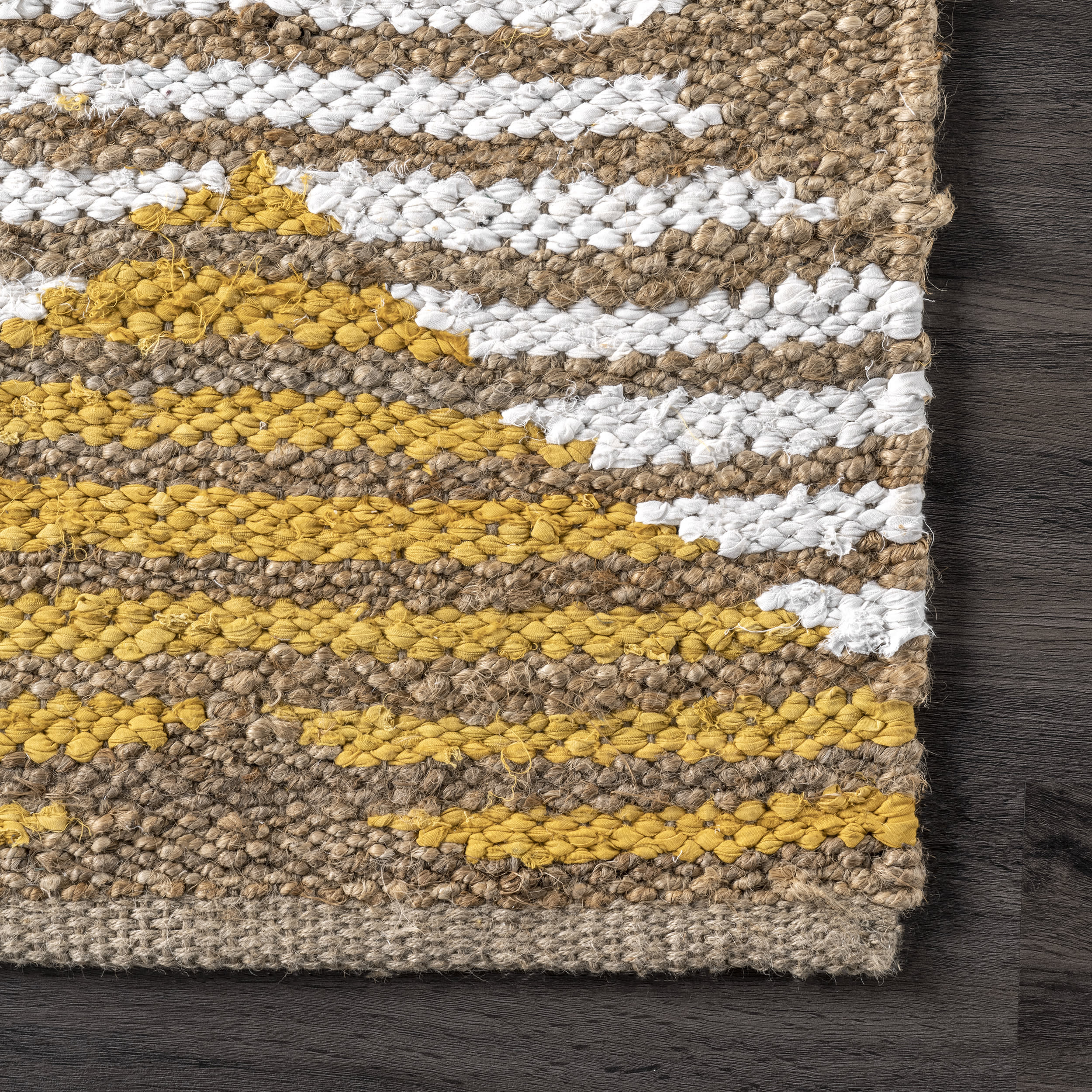 Hand Braided Denim And Jute Striped Diamonds Rug | Yellow - Image 3
