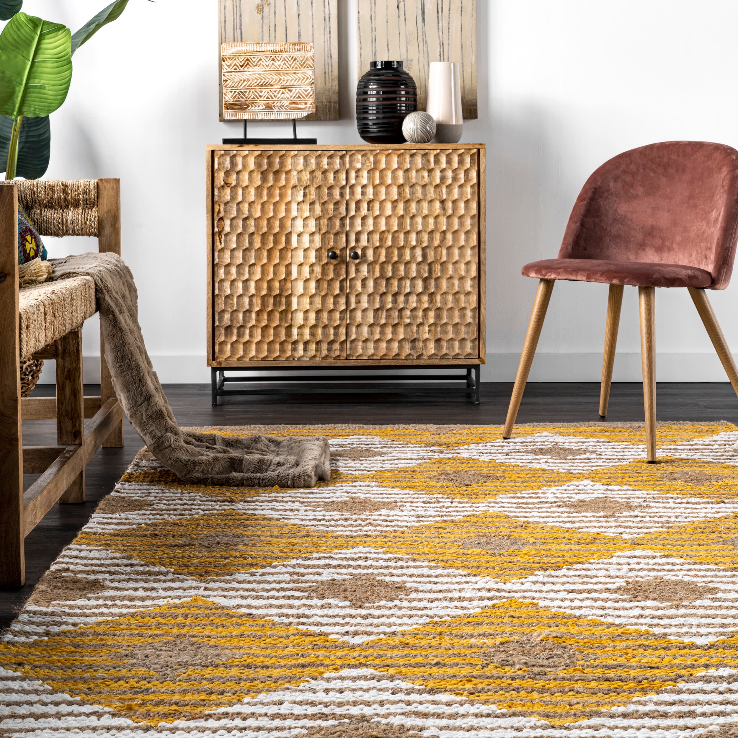 Hand Braided Denim And Jute Striped Diamonds Rug | Yellow - Image 4