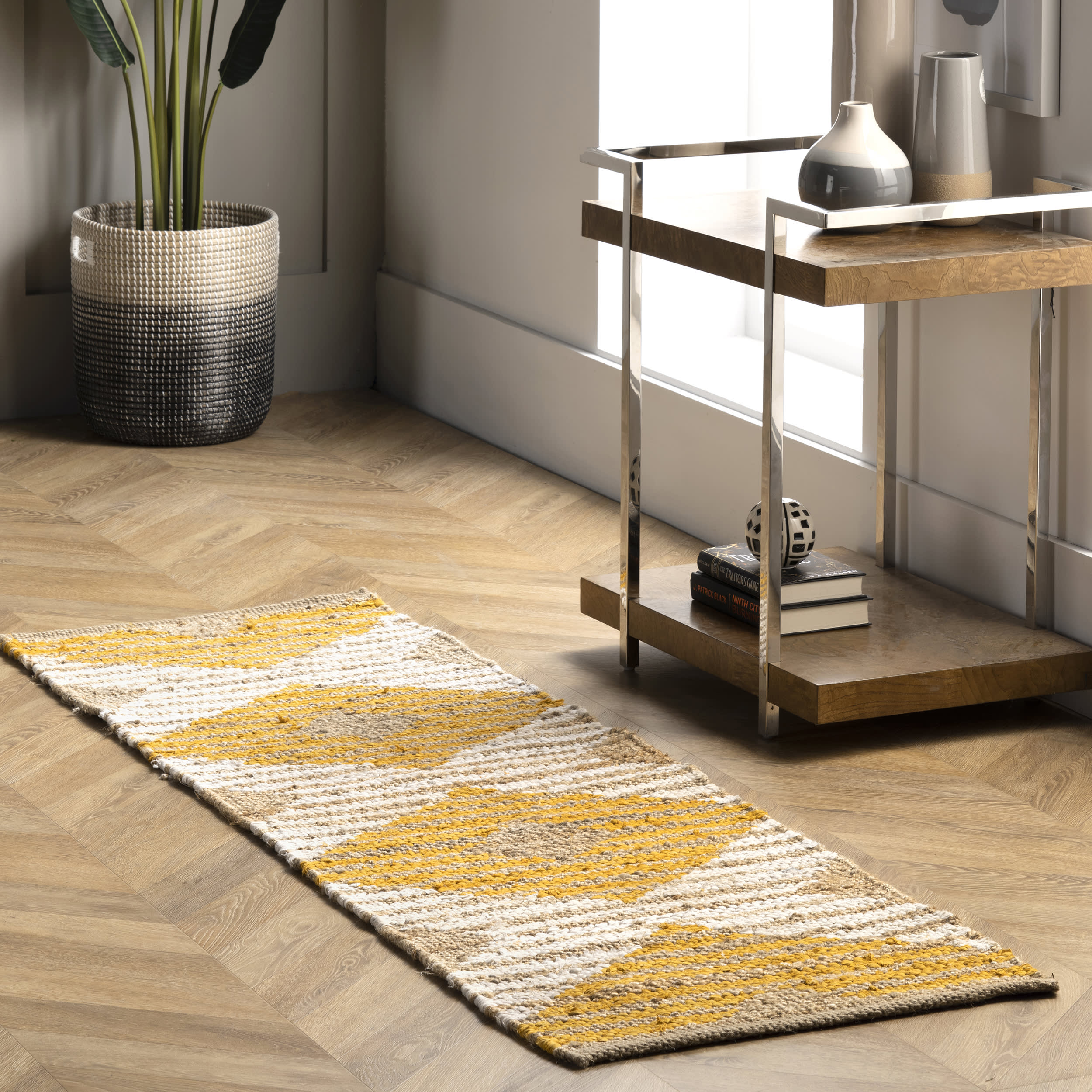 Hand Braided Denim And Jute Striped Diamonds Rug | Yellow - Image 2