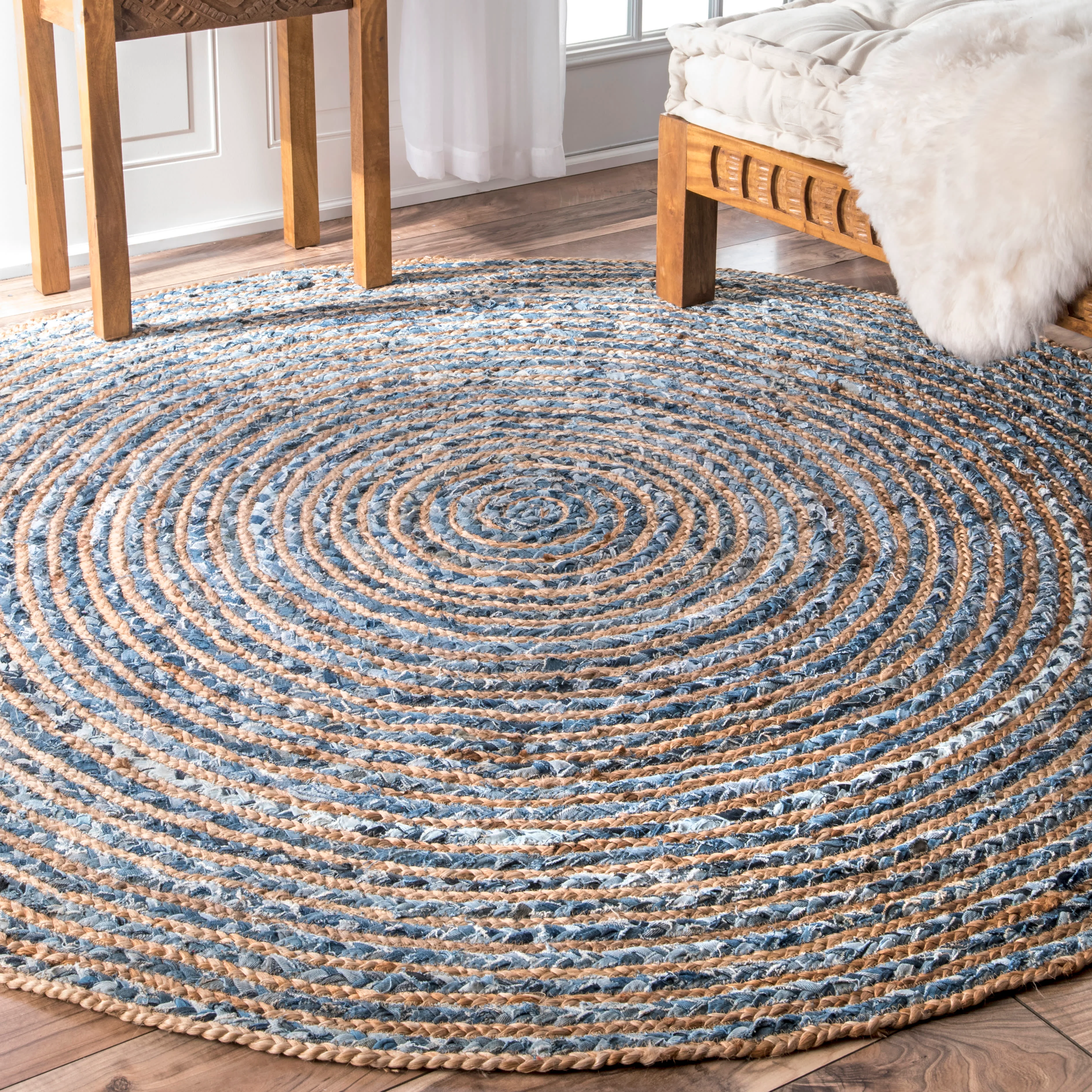Hand Braided Jute And Denim Striped Rug | Blue - Image 2