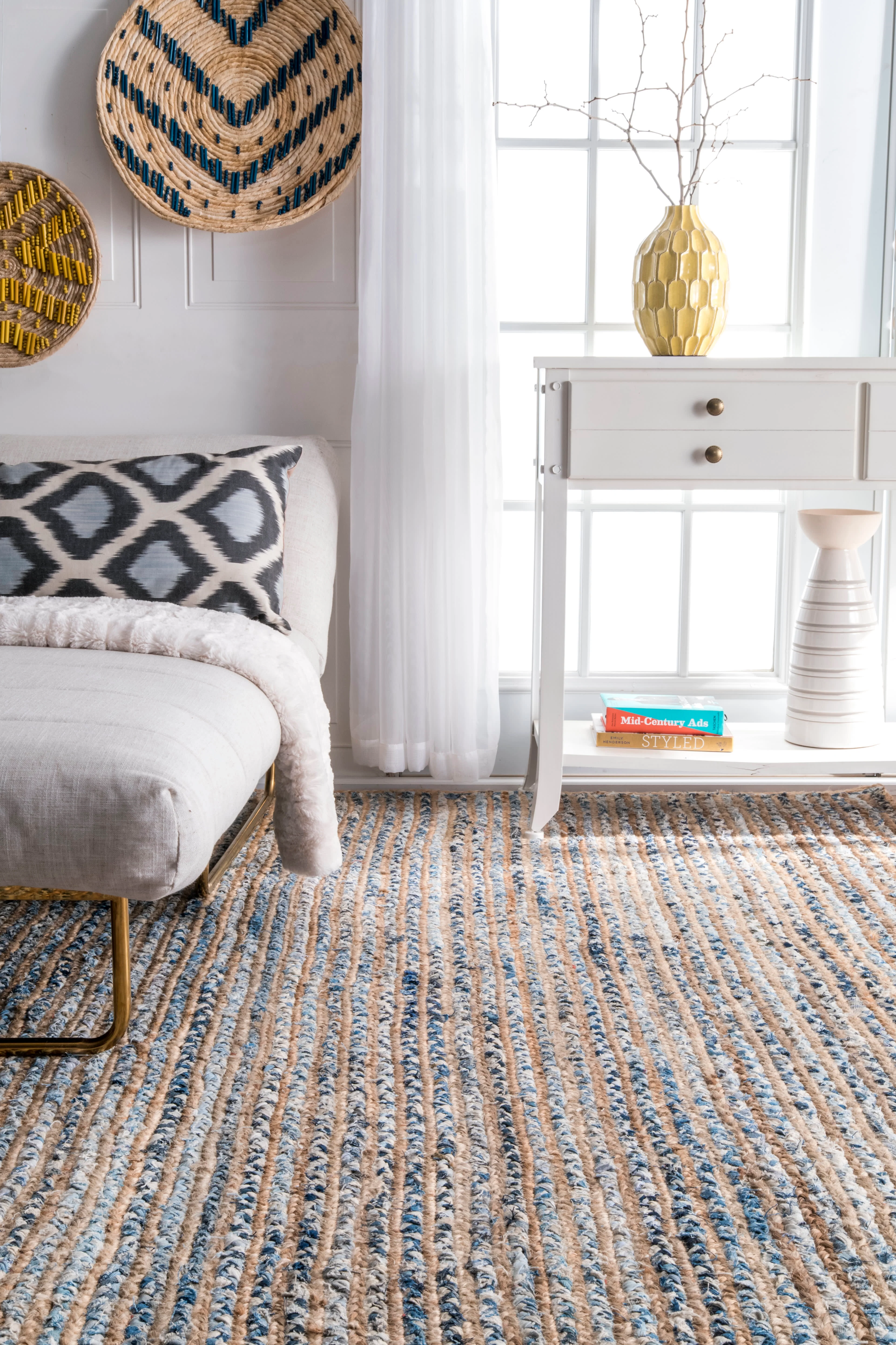 Hand Braided Jute And Denim Striped Rug | Blue - Image 4