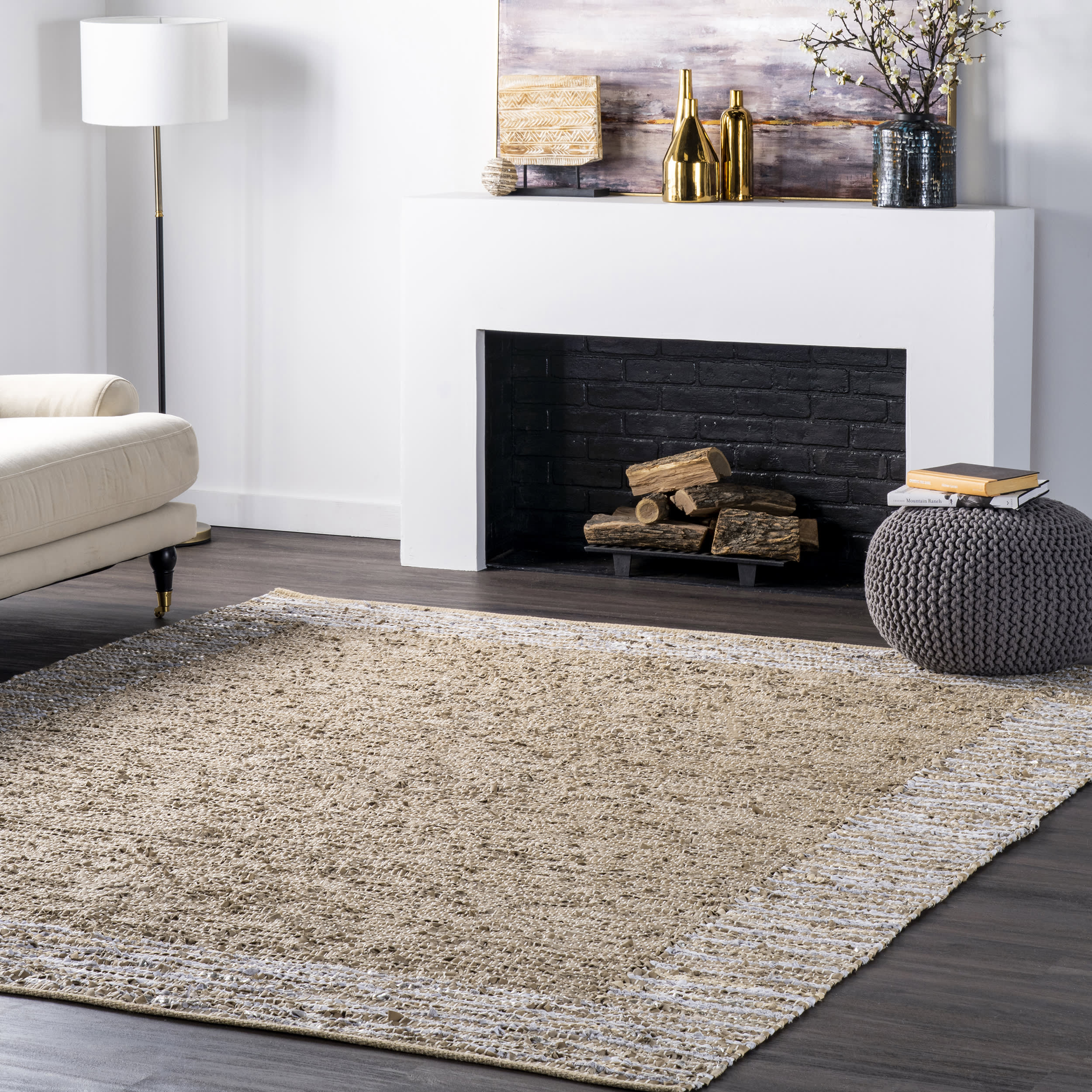 Handwoven Striped Border Leather Rug | Beige - Image 2