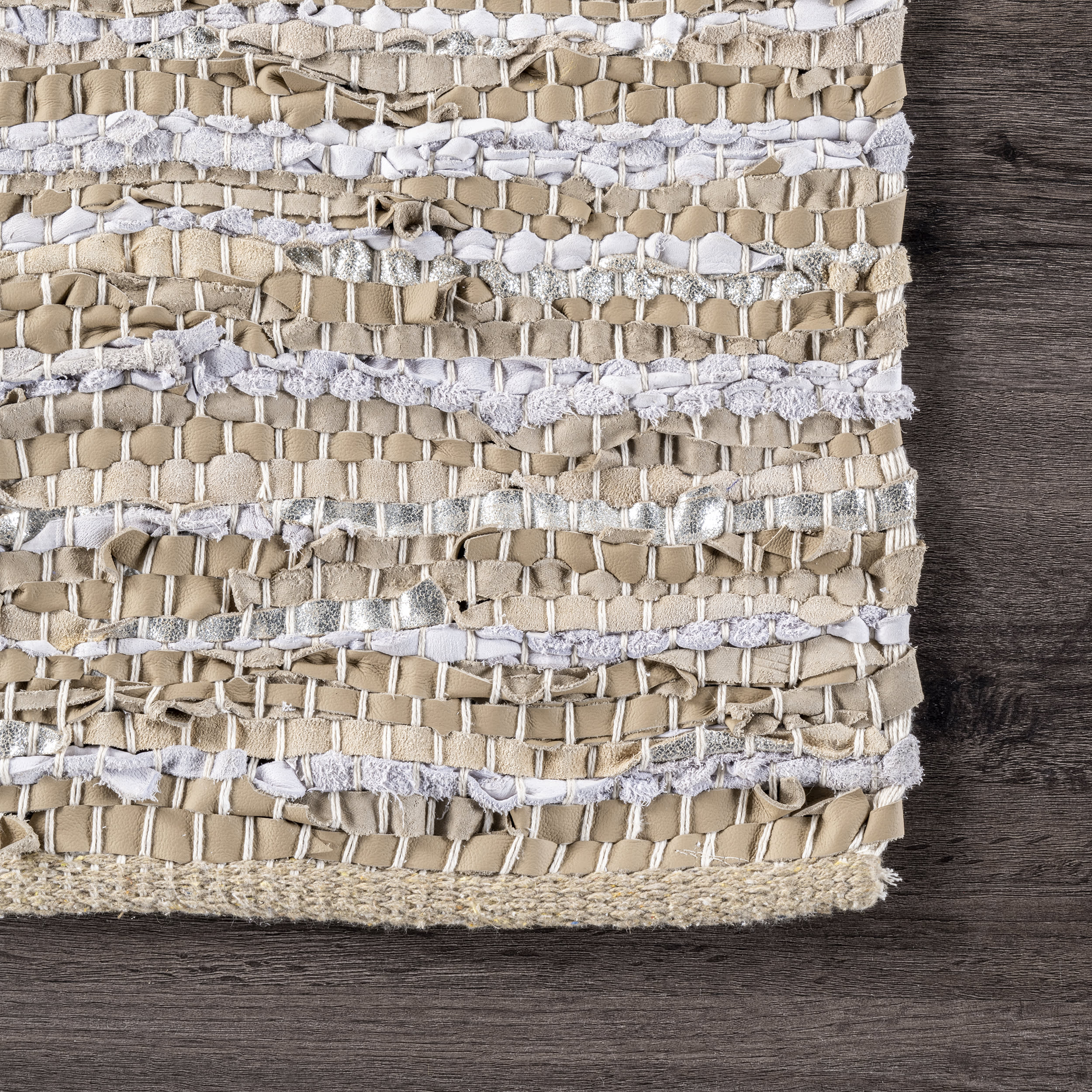 Handwoven Striped Border Leather Rug | Beige - Image 3