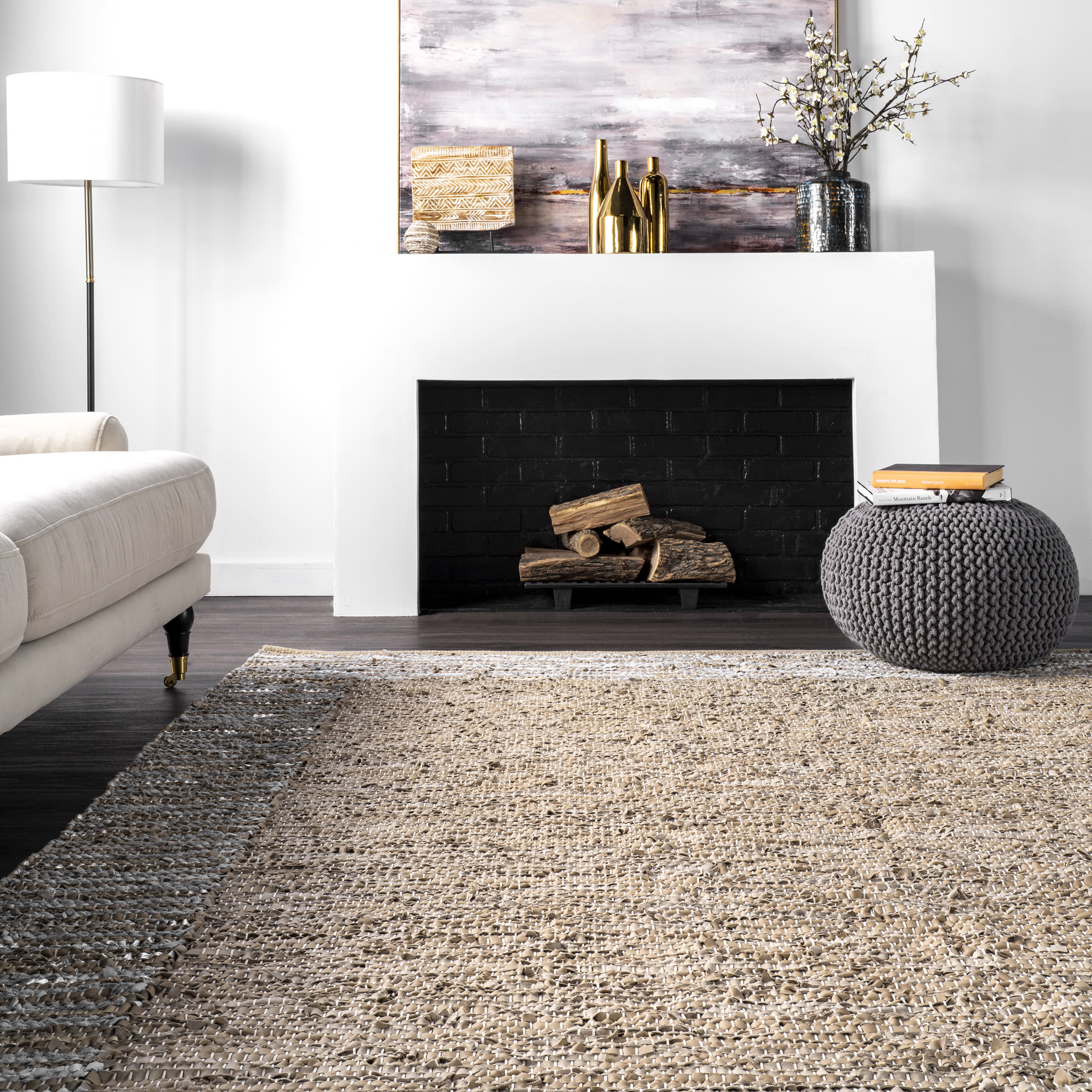 Handwoven Striped Border Leather Rug | Beige - Image 4