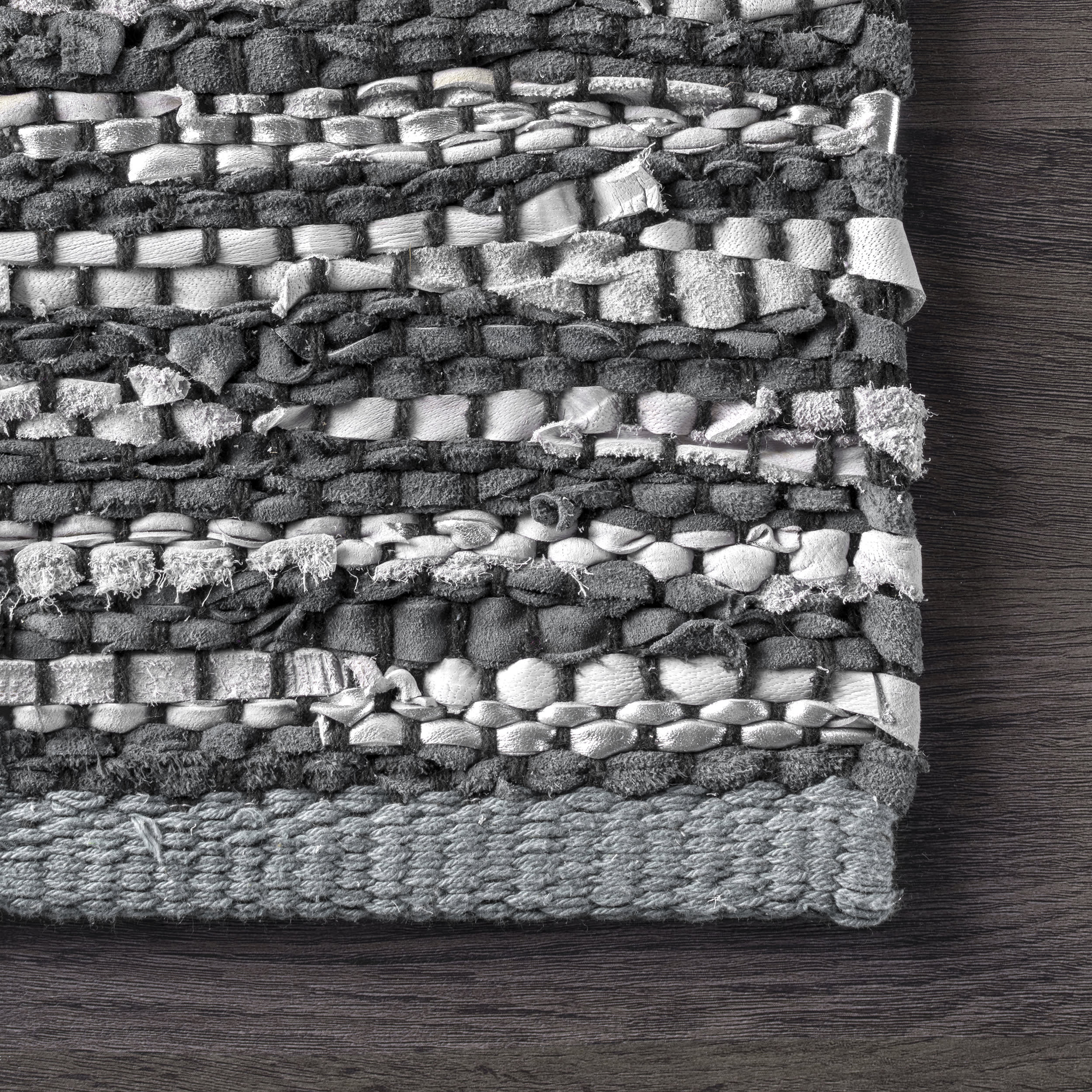 Handwoven Striped Border Leather Rug | Grey - Image 2