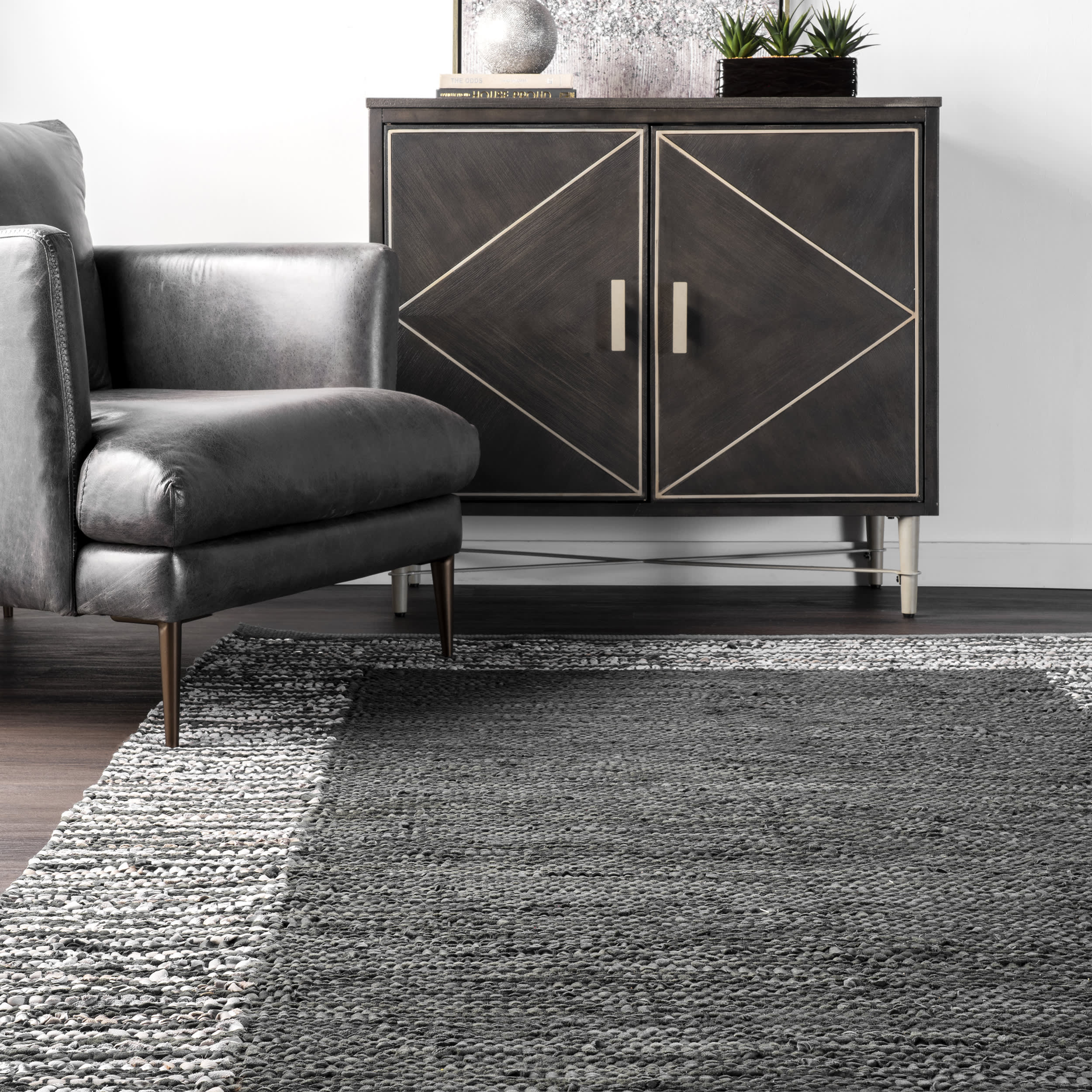 Handwoven Striped Border Leather Rug | Grey - Image 3