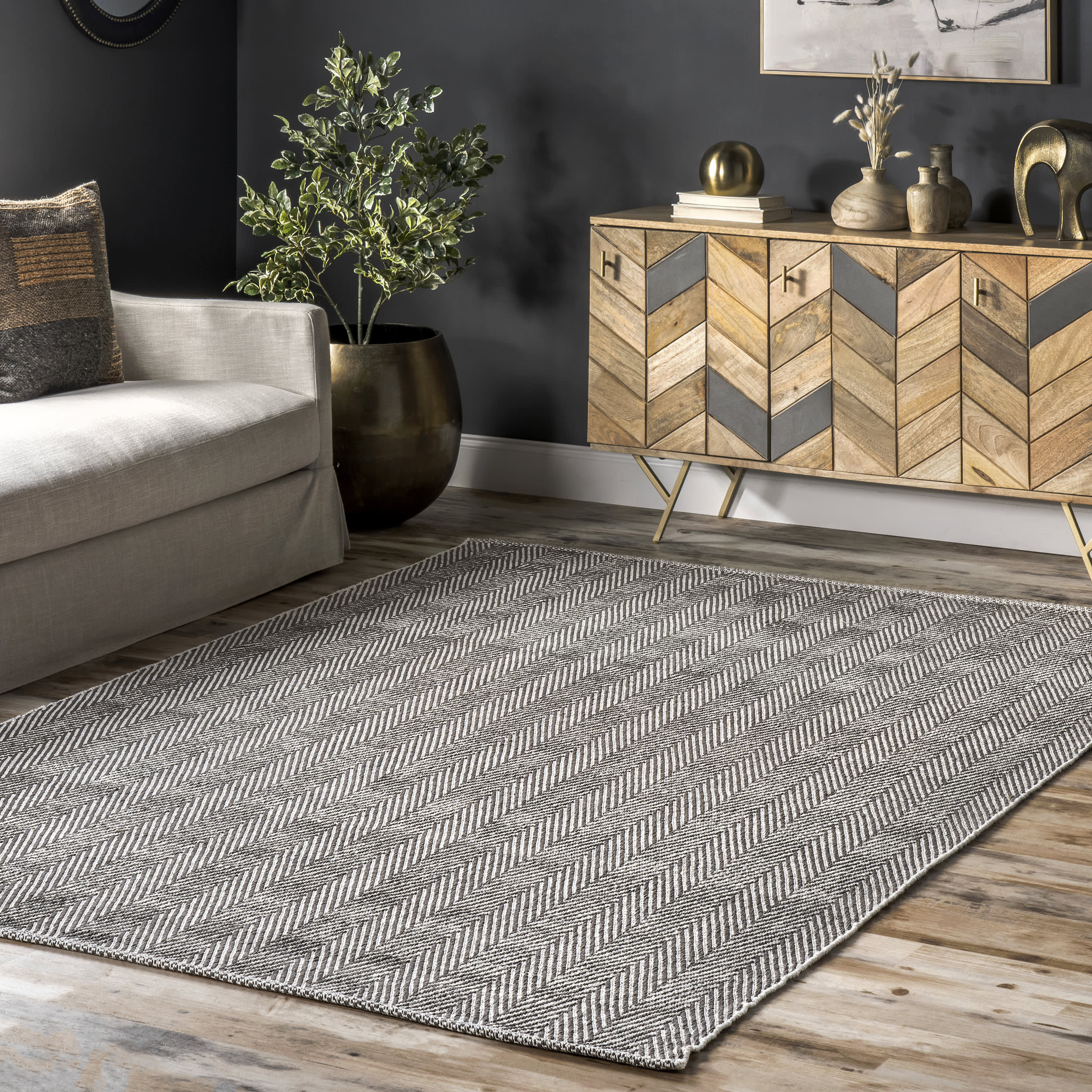 Herringbone Cotton Flatwoven Rug | Grey - Image 2