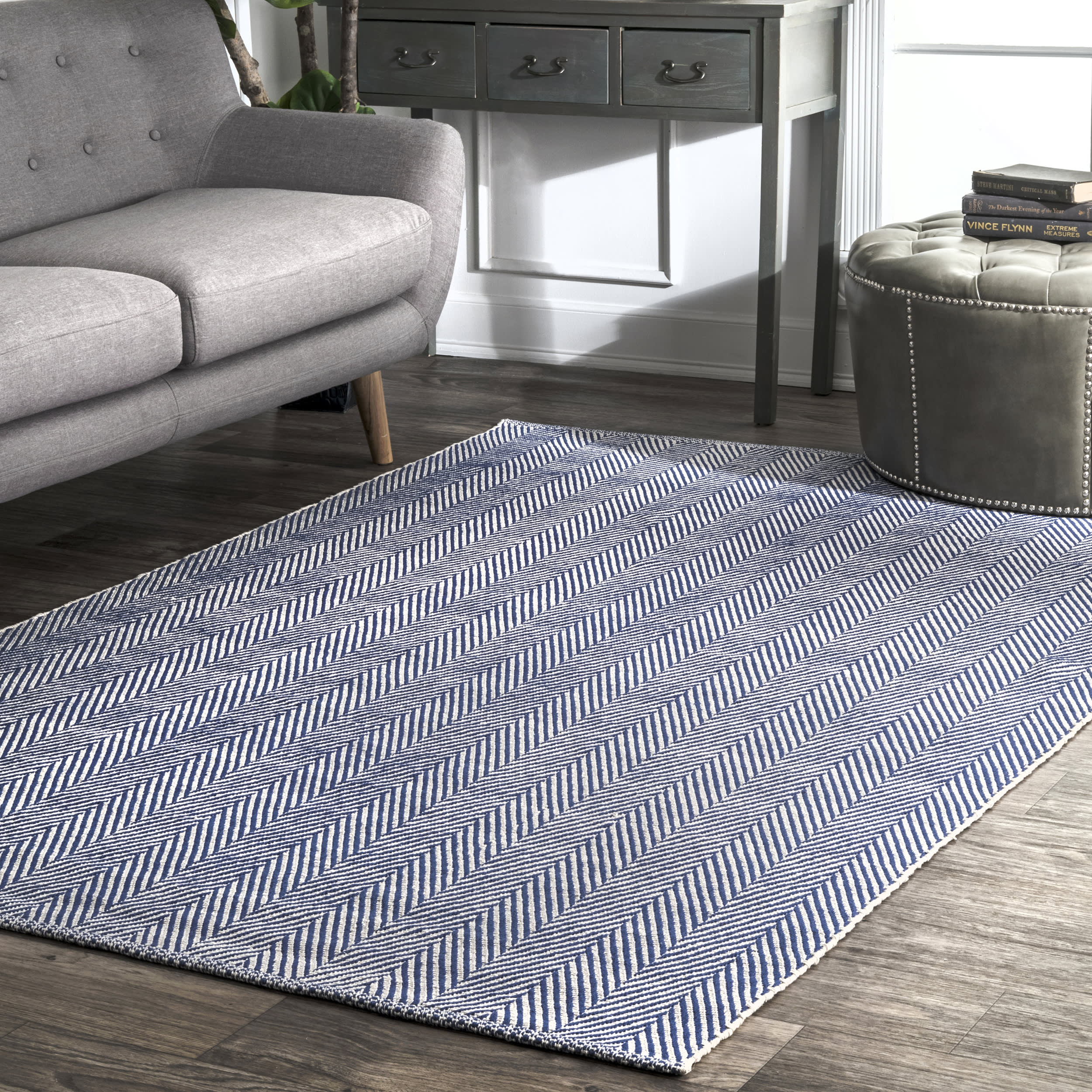 Herringbone Cotton Flatwoven Rug | Navy - Image 2