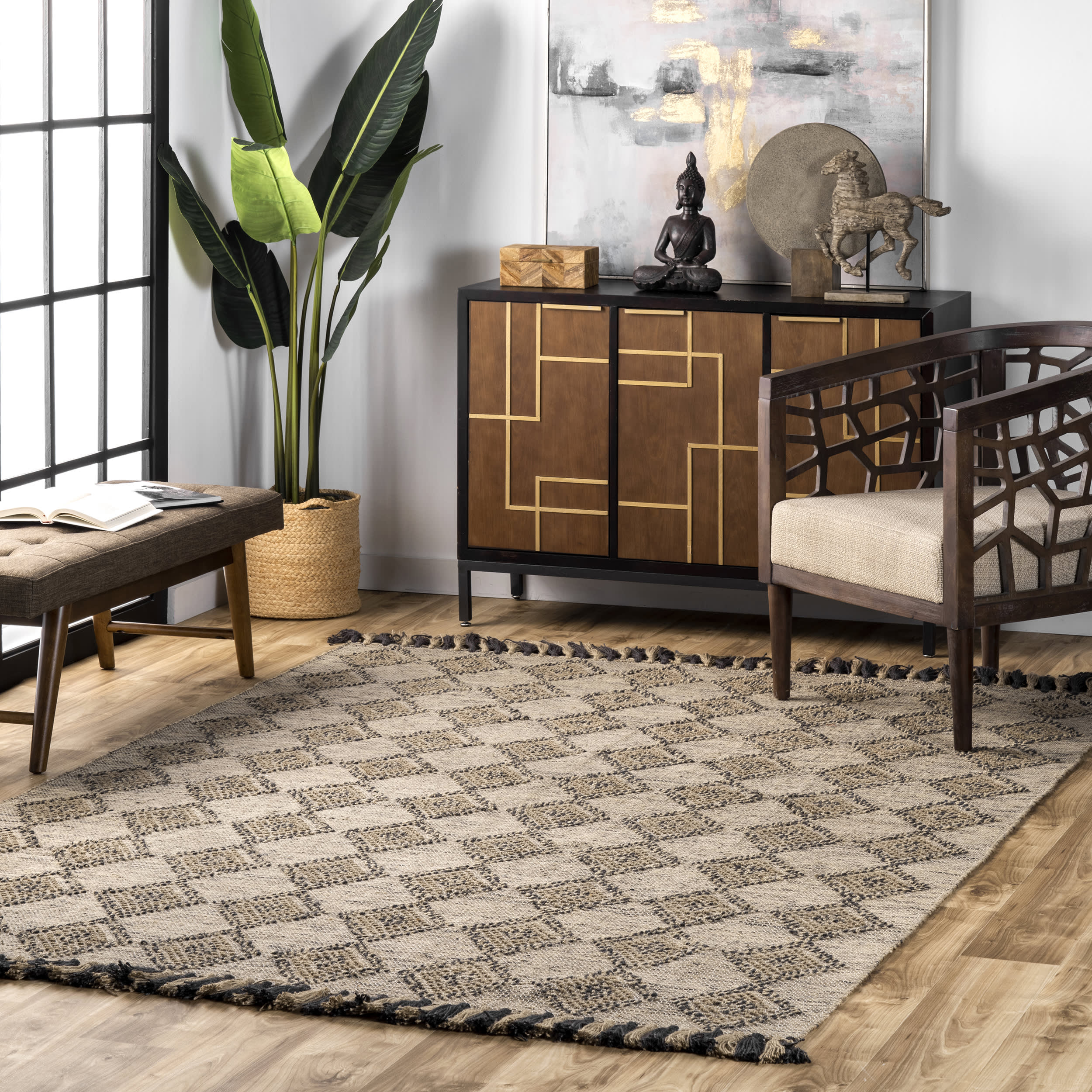 High-Low Harlequin with Tassels Rug | Beige - Image 2