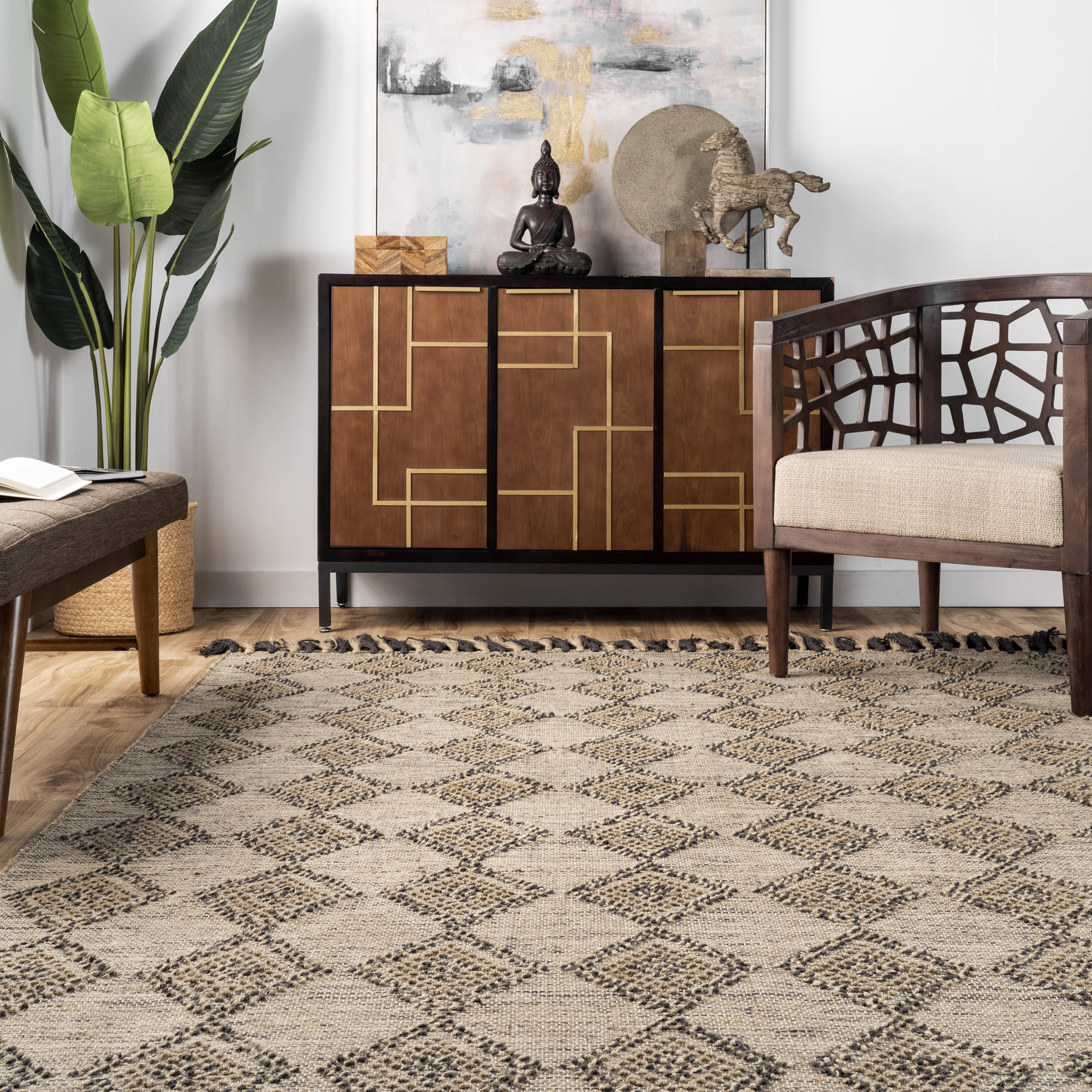 High-Low Harlequin with Tassels Rug | Beige - Image 4