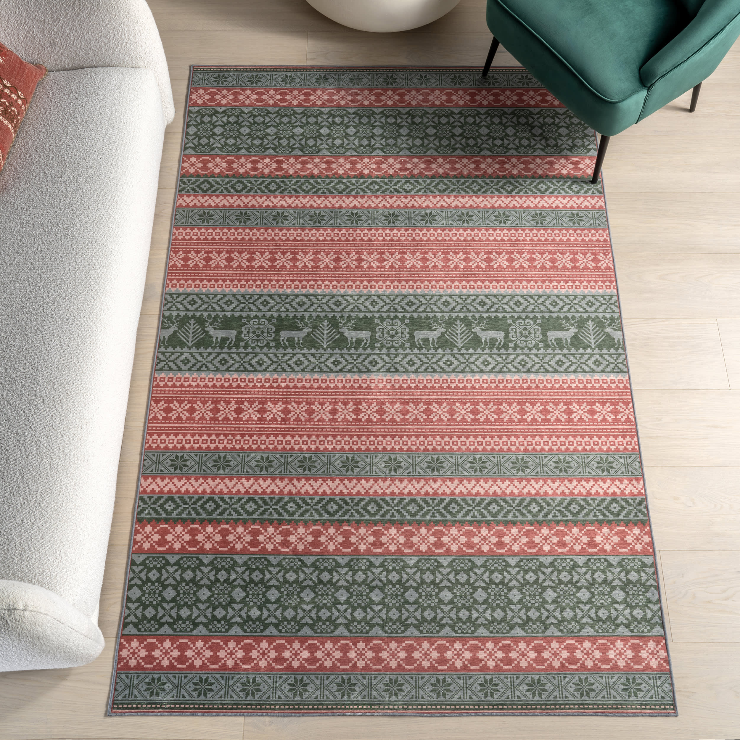Hollie Reindeer Spill Proof Washable Rug | Red - Image 2