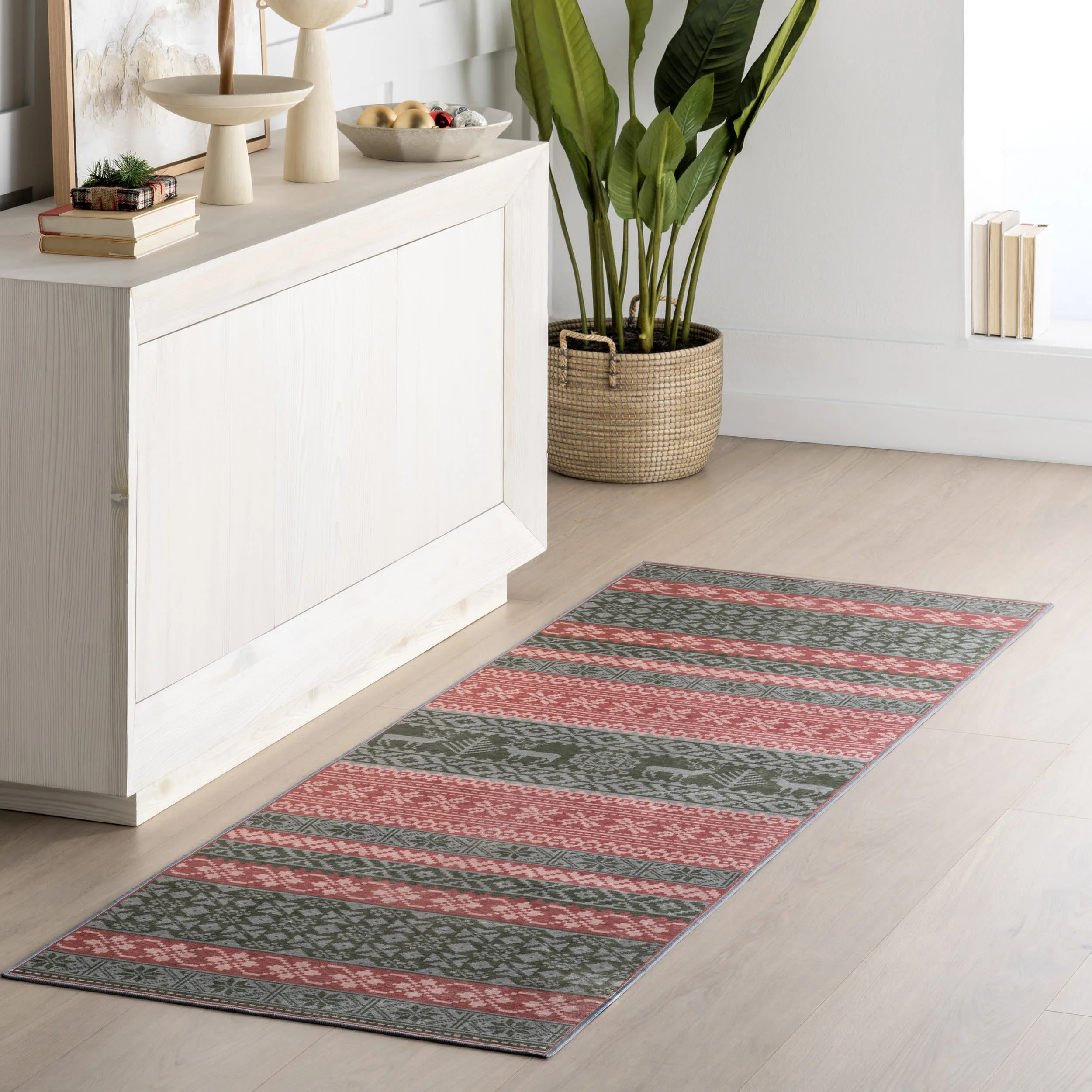 Hollie Reindeer Spill Proof Washable Rug | Red - Image 2