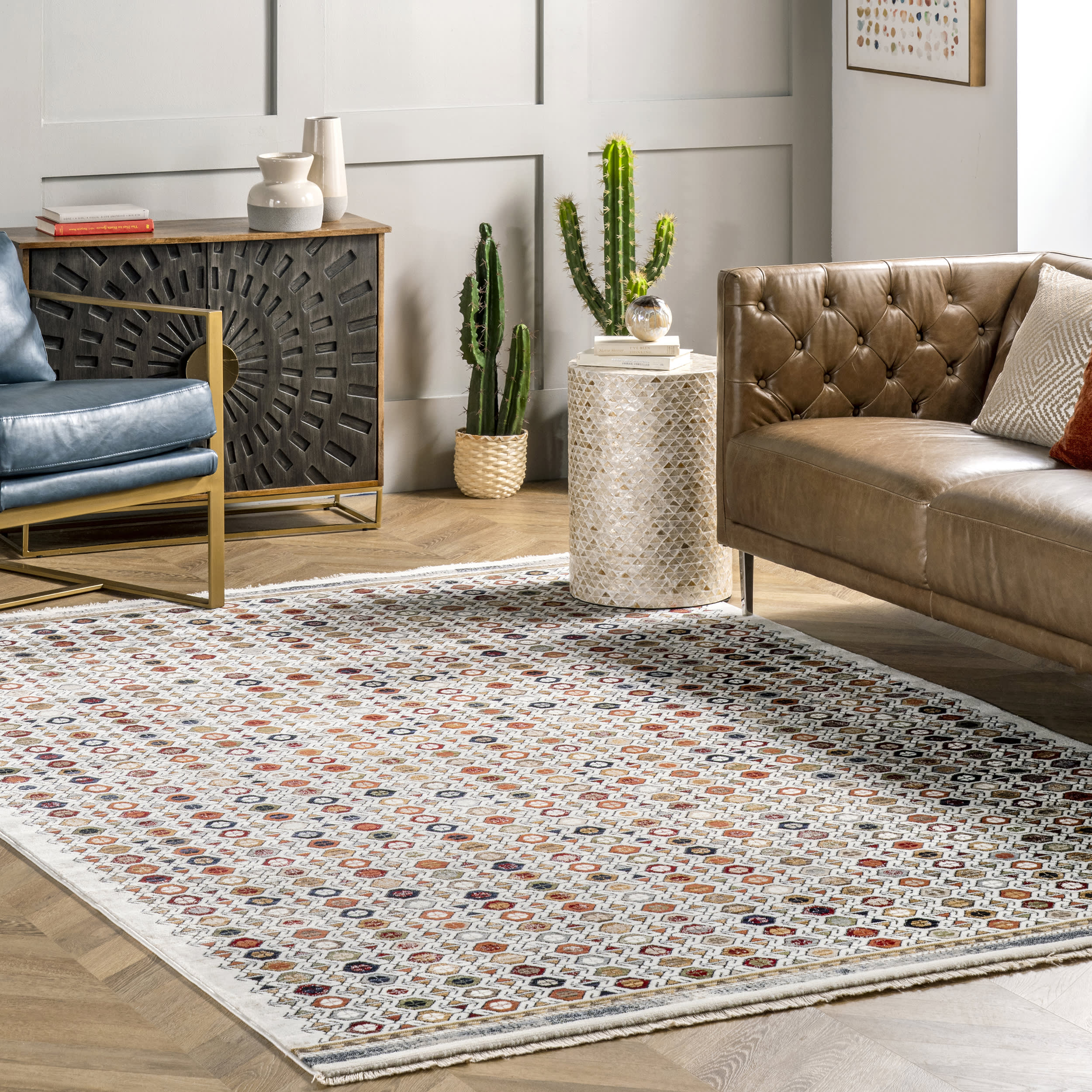 Honeycomb Stripes Fringed Rug | Beige - Image 2