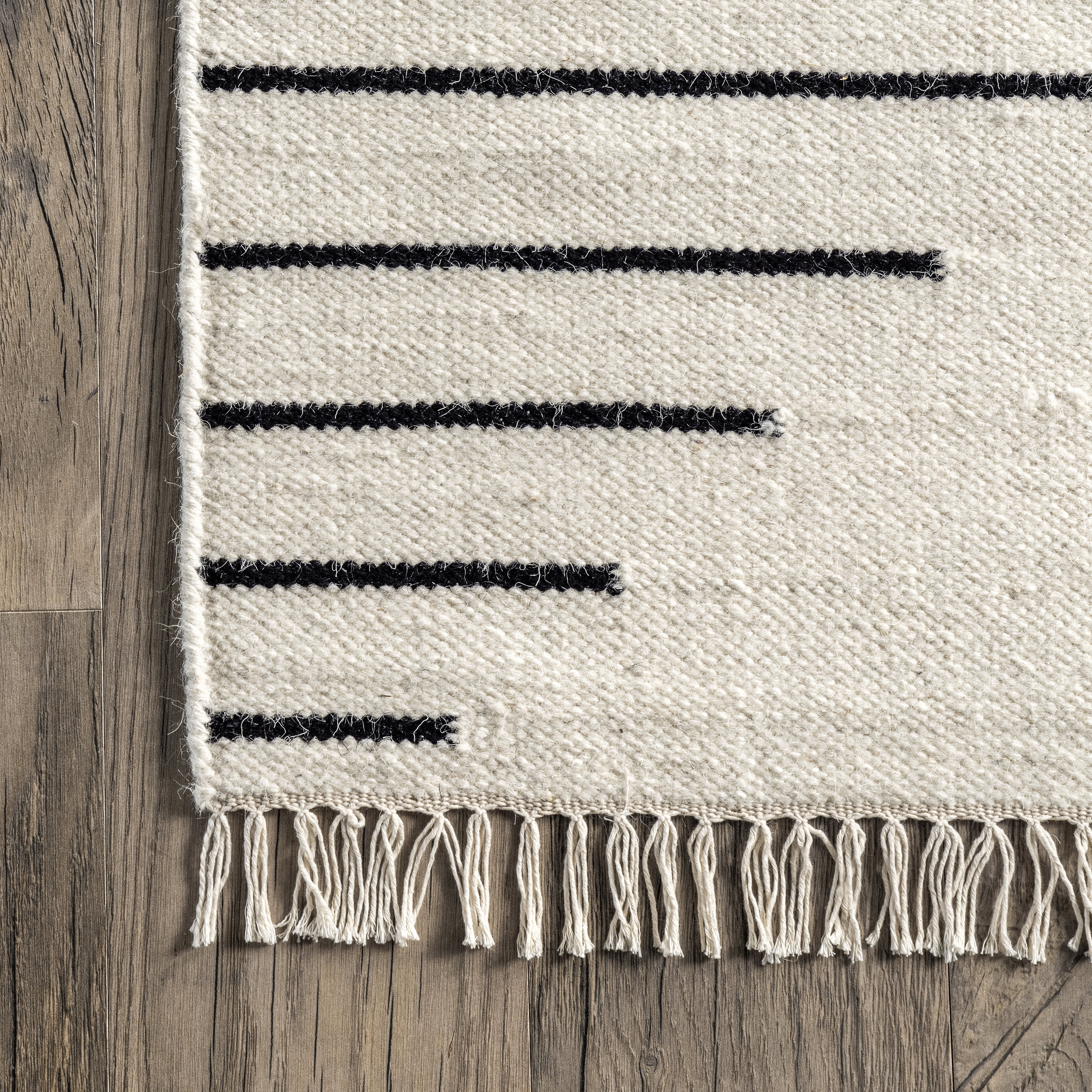Indie Pinstripe Tasseled Rug | Ivory - Image 3