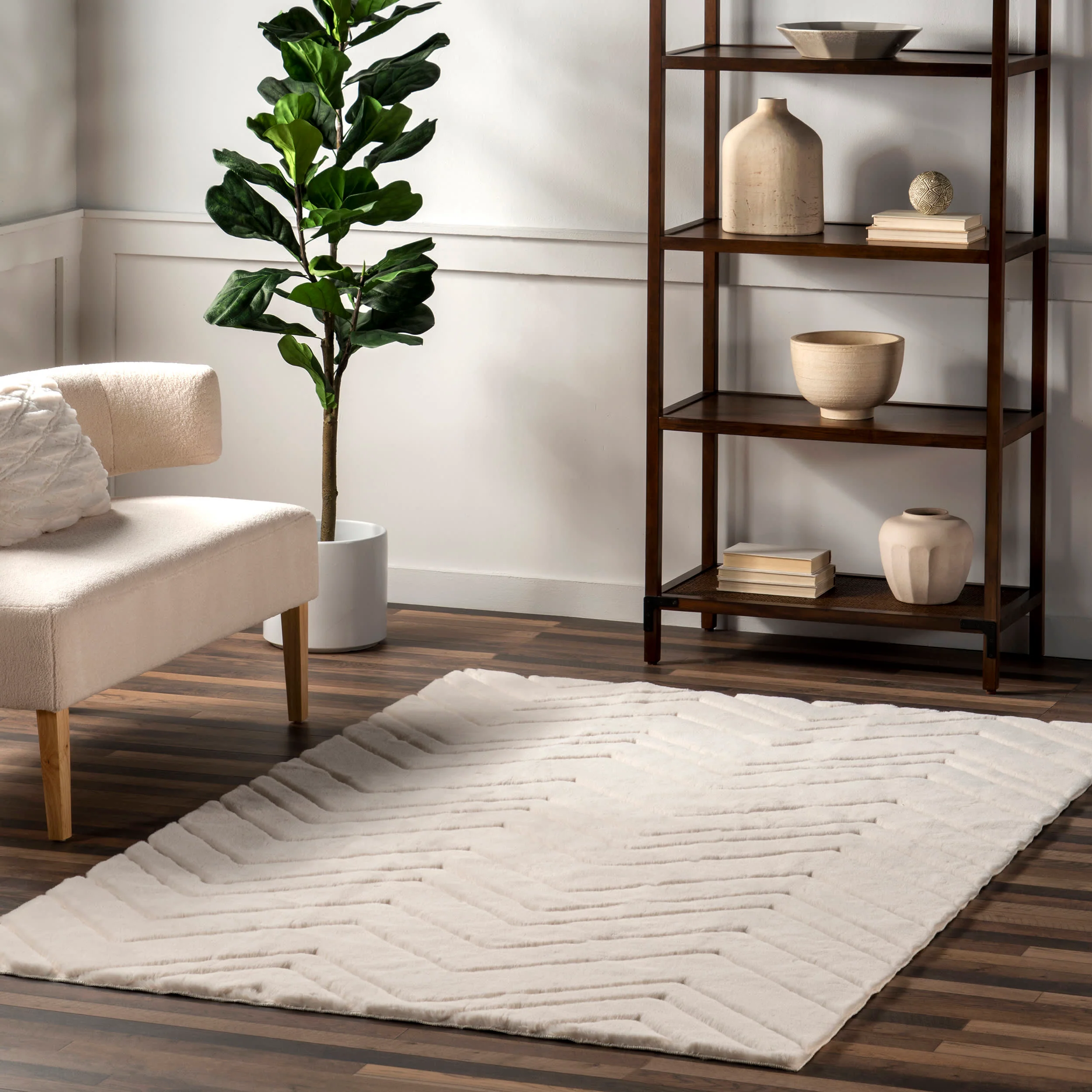 Ingeberg Chevron Washable Faux Rabbit Rug | Off White - Image 2