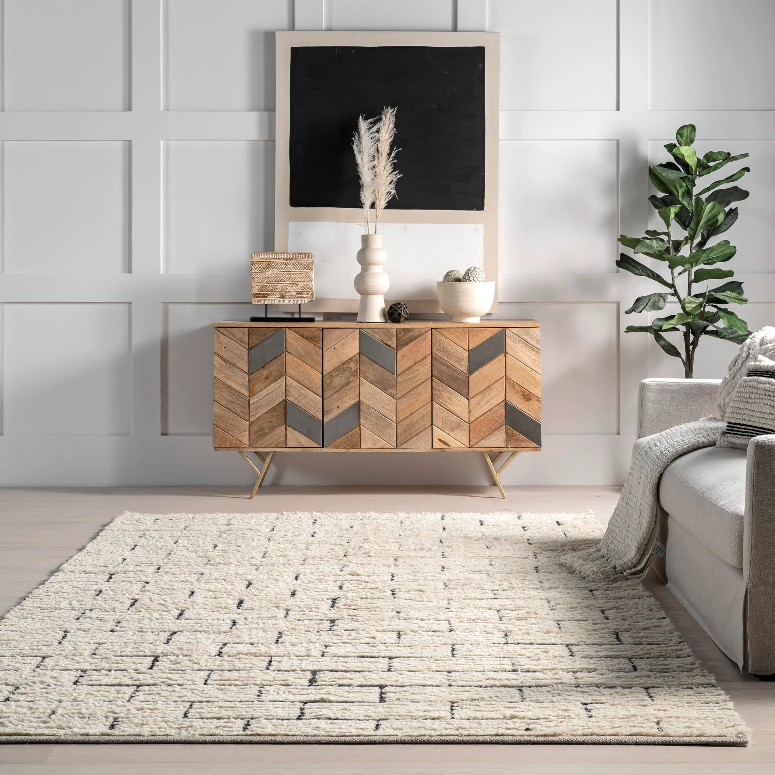 Irina Shaggy Brickwork Rug | Ivory - Image 4