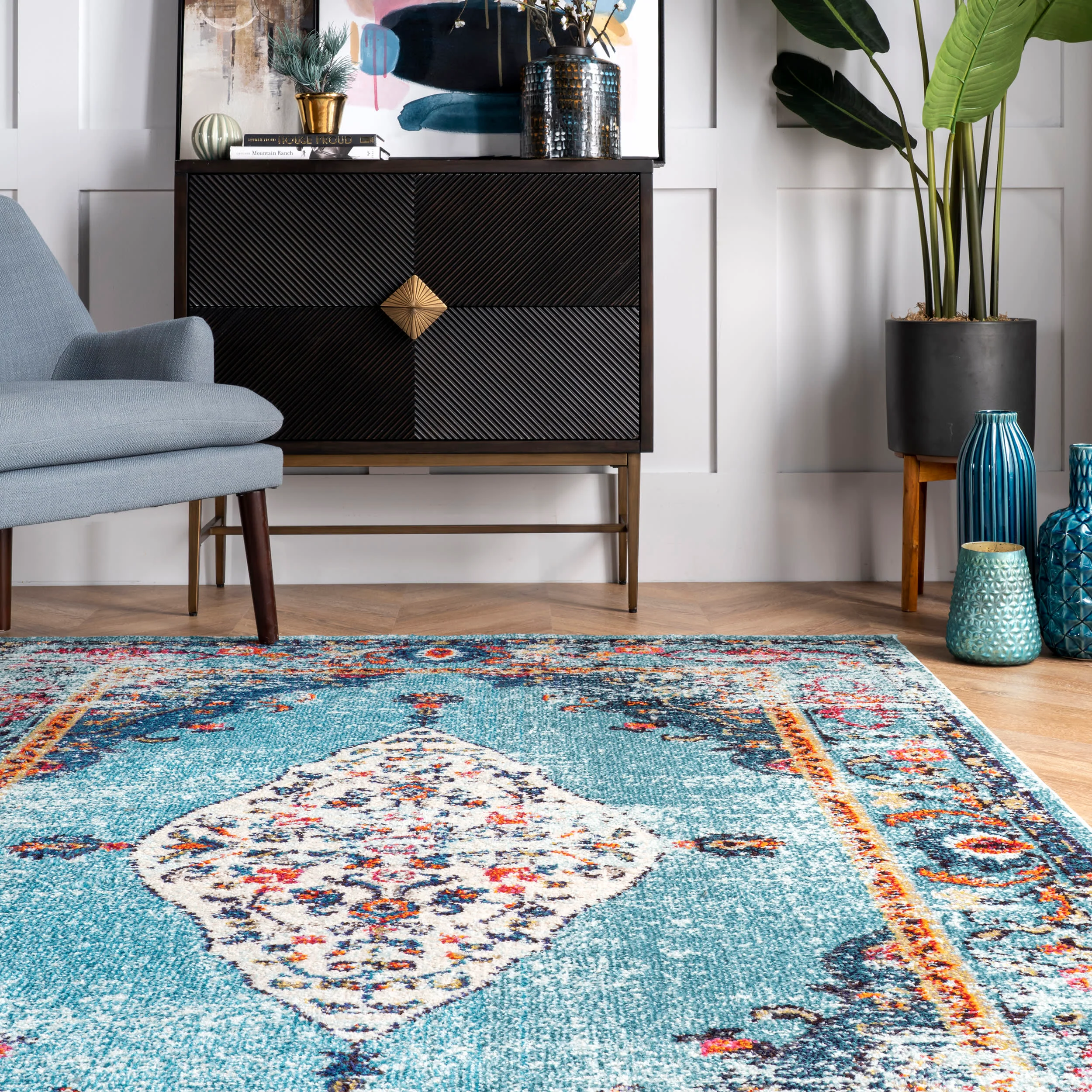 Iris Fading Oriental Medallion Rug | Aqua - Image 4