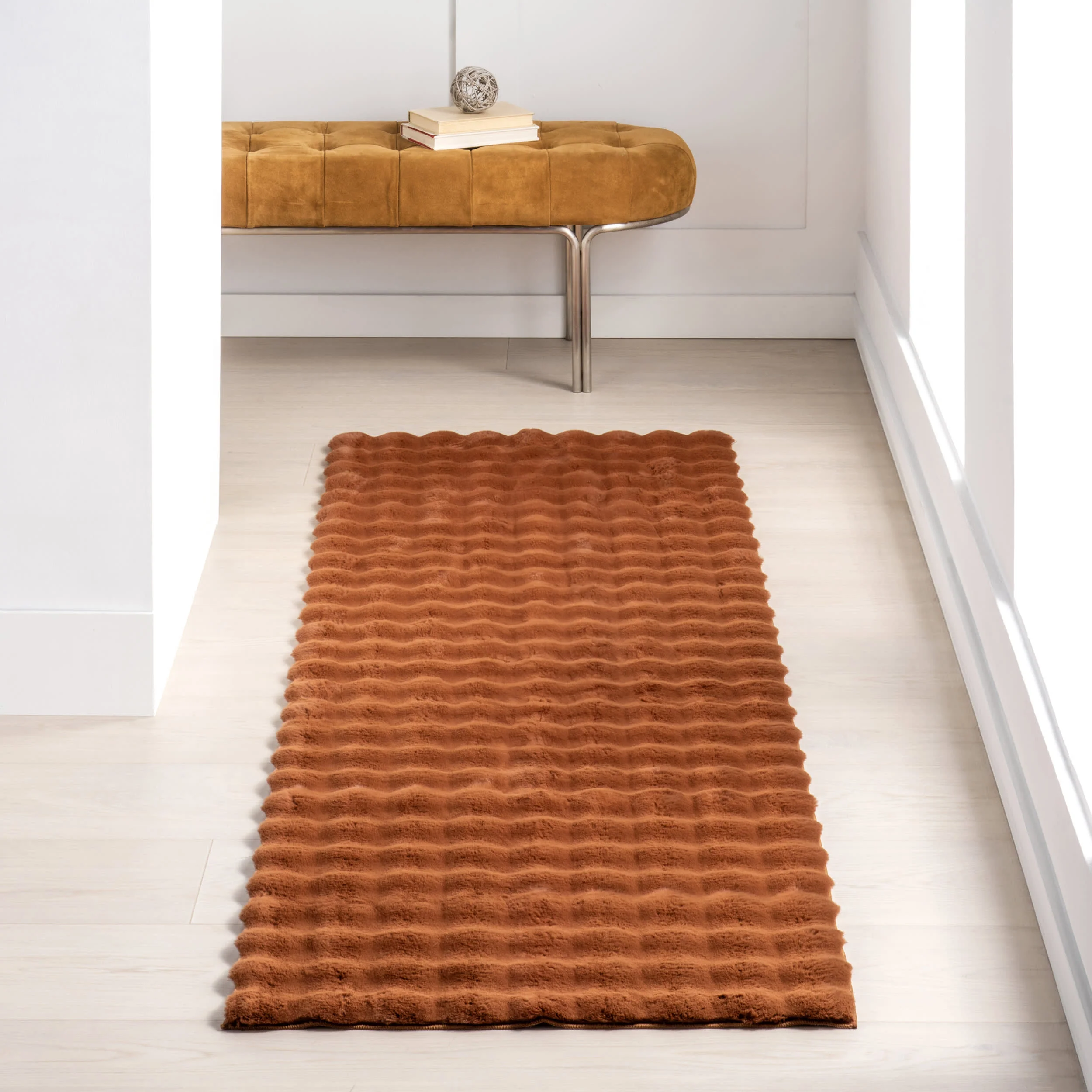 Ivana Checkered Plush Cloud Washable Rug | Brick - Image 2